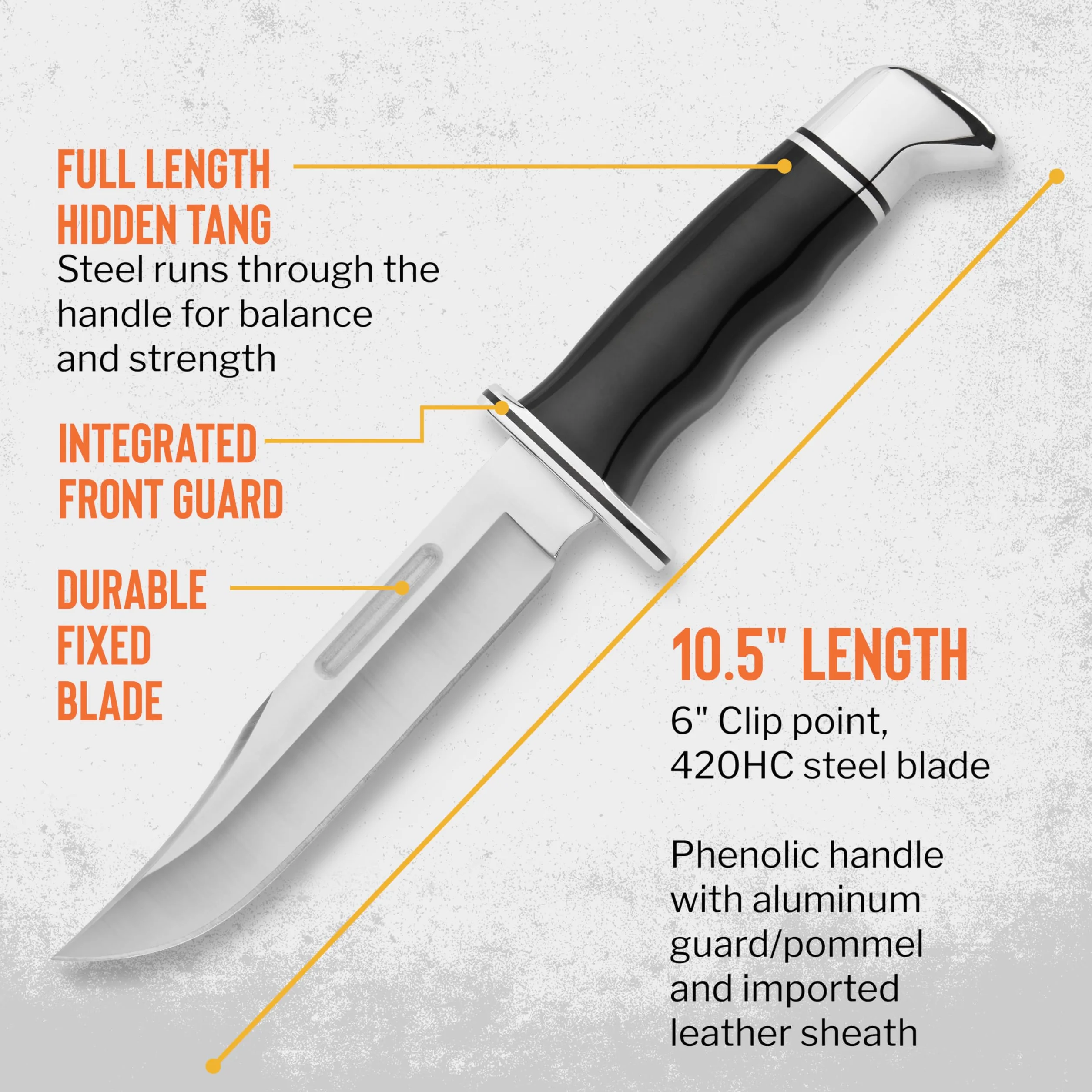 Buck BU119 Cuchillo de caza, hoja de acero, funda de cuero