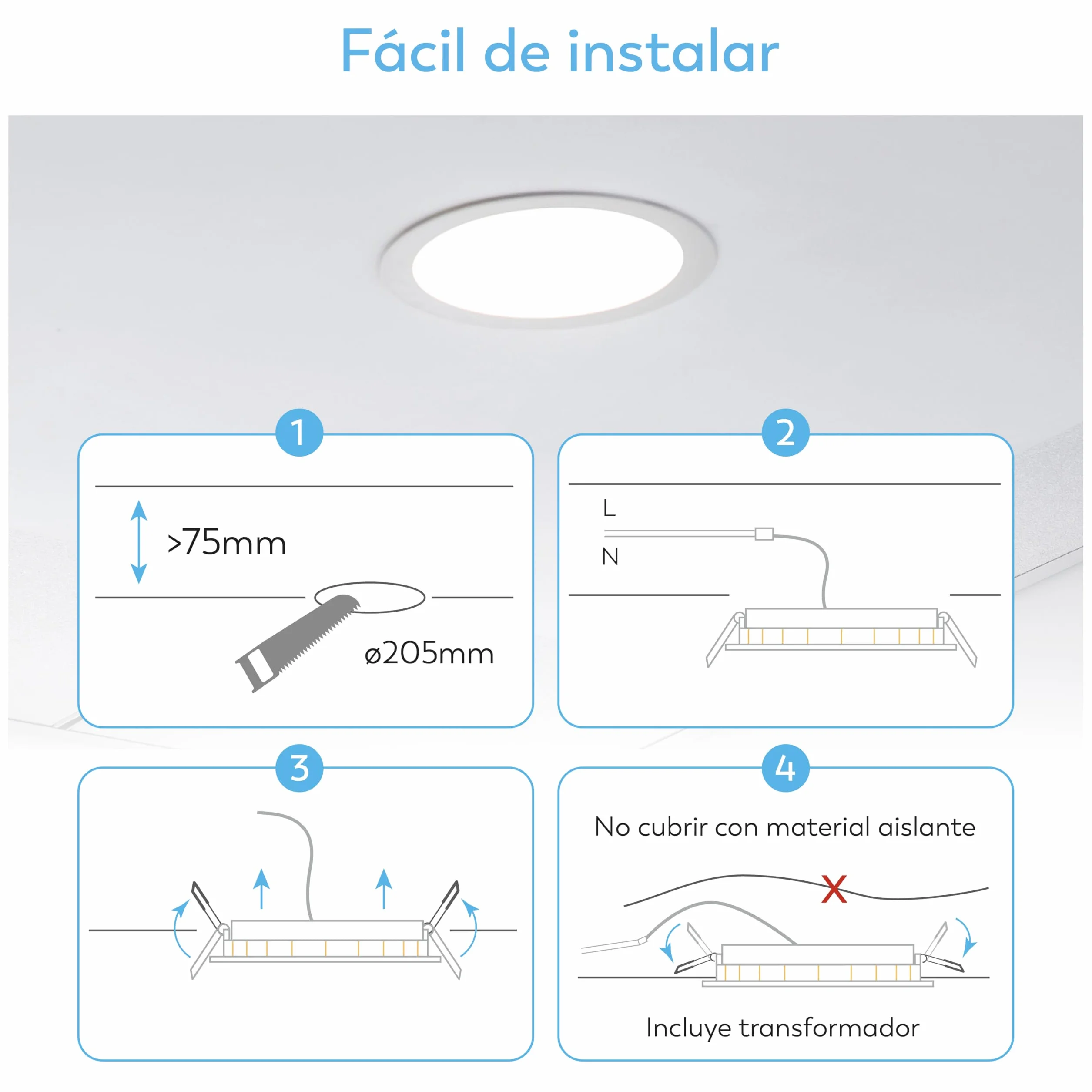 Garza Downlight LED empotrable 18W 6500K Luz Fría Ø220x29mm 120º Lampara de techo plana blanco