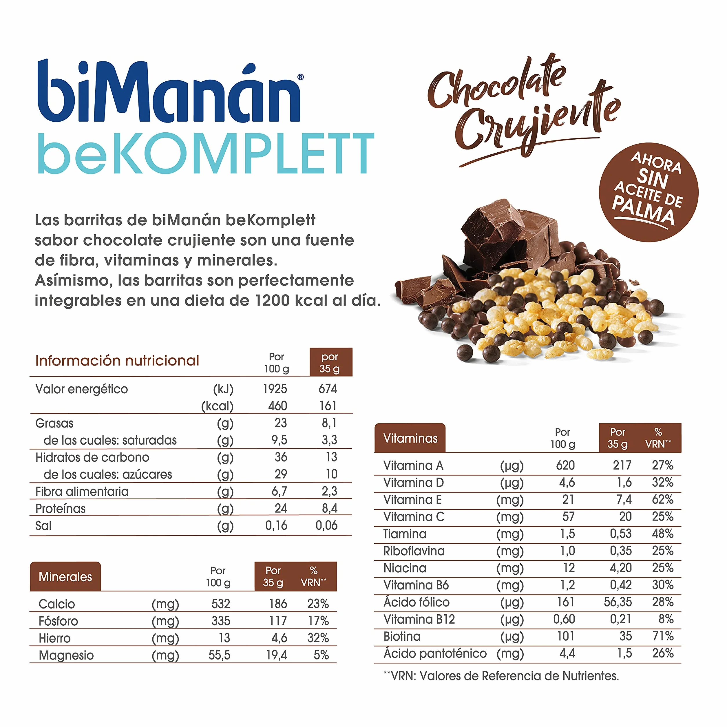 BIMANÁN KOMPLETT Barritas de Chocolate Crujiente, Ricas en Proteínas y Fibra, 12 Vitaminas y 4 Minerales, sin Gluten - 8 Unidades (280g)