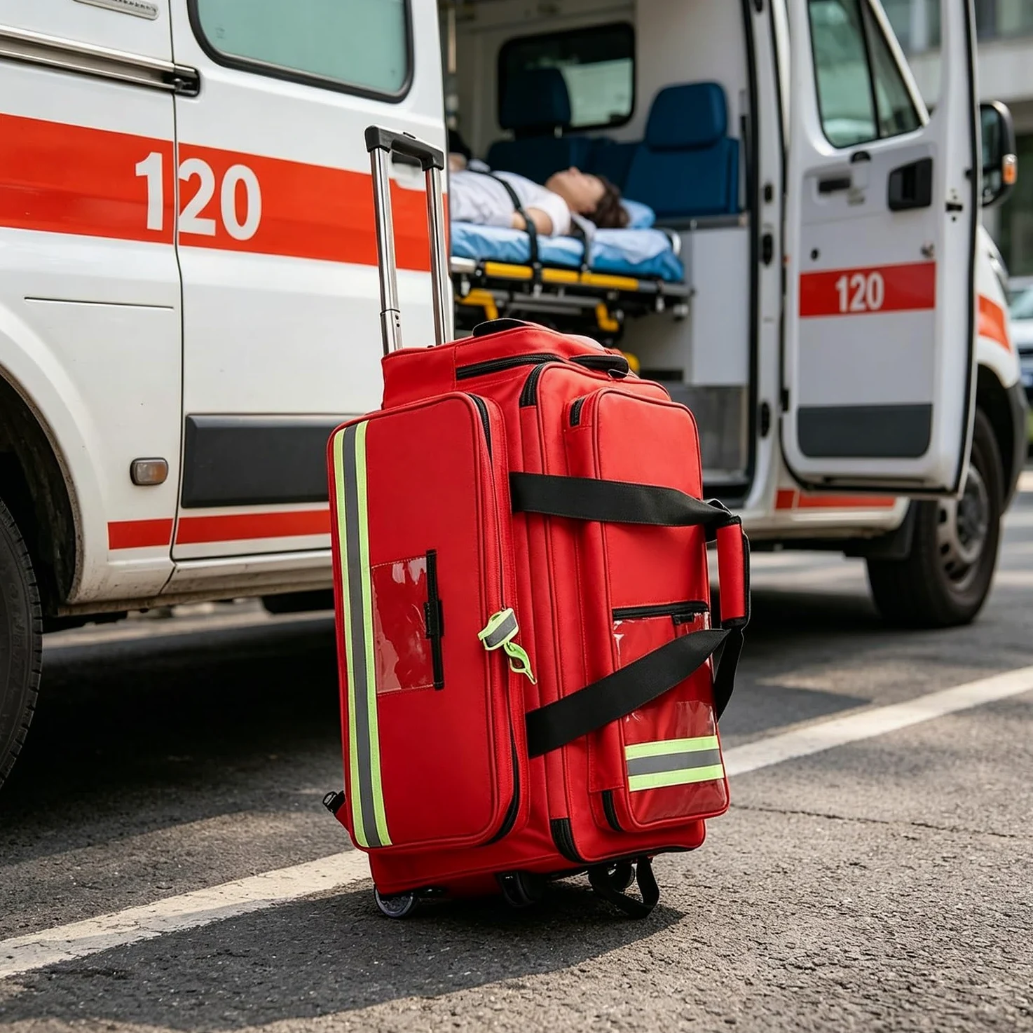 Botiquín de primeros auxilios portátil for exteriores, botiquín de primeros auxilios con ruedas, compartimentos extraíbles y varilla telescópica, Peso 5 kg, for viajes y excursiones