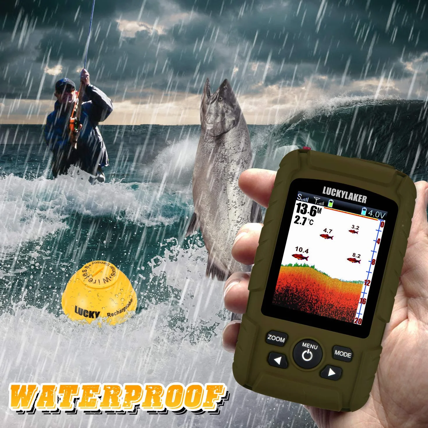 LUCKY Buscador de Peces Sonar portátil Buscadores de Peces de Pesca de Profundidad de Barco Portátil Impermeable Buscador de Pesca inalámbrico Transductor de Kayak para la Pesca en Hielo
