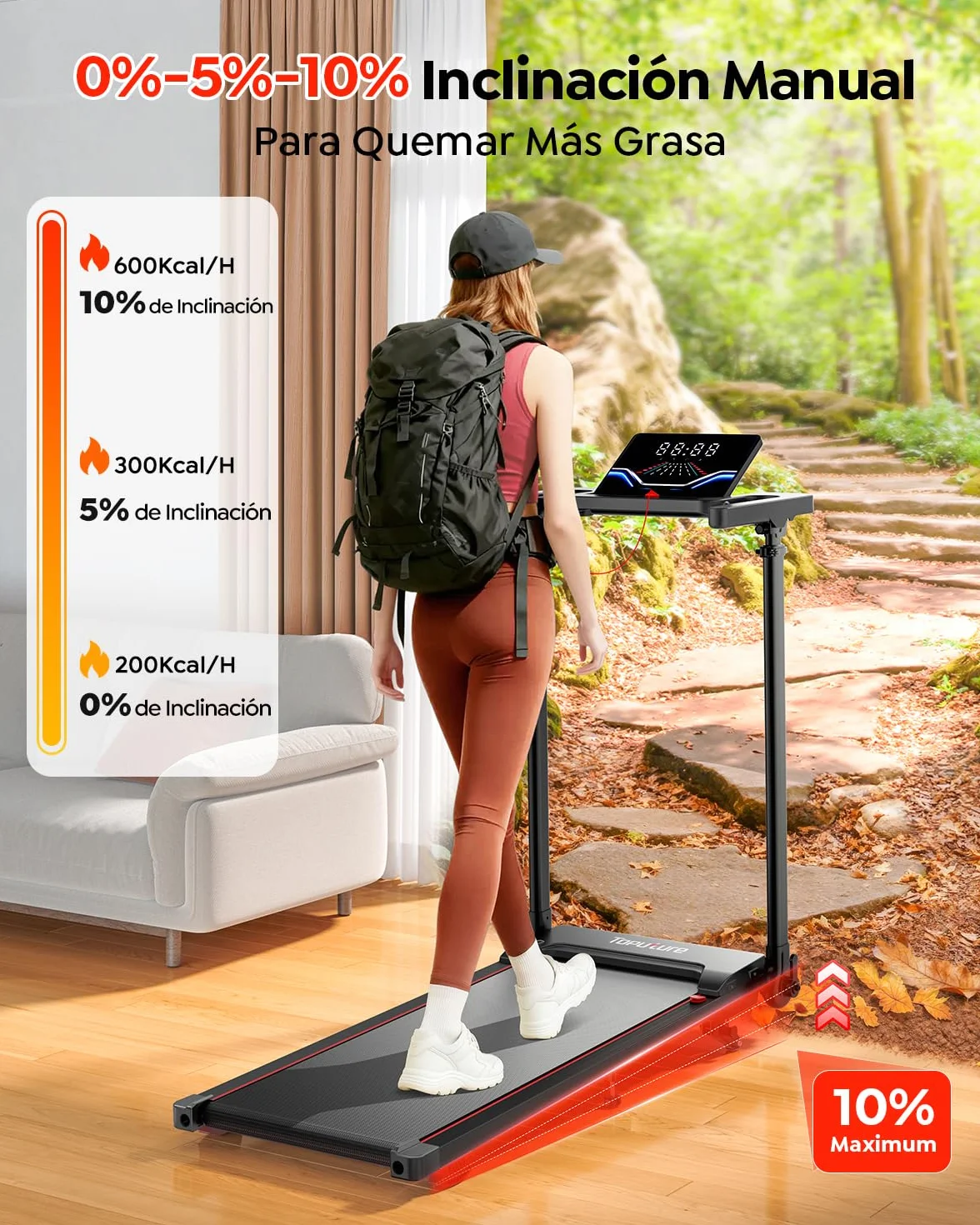 6 EN 1 Cinta de Correr Plegable, 0%-5%-10% Inclinación, 12 KM/H, Toputure Cinta Andar con Manillar Ajustable para Hogar y Oficina, Walking Pad con App, Control Remoto, 95°-105° Pantalla LED Ajustable