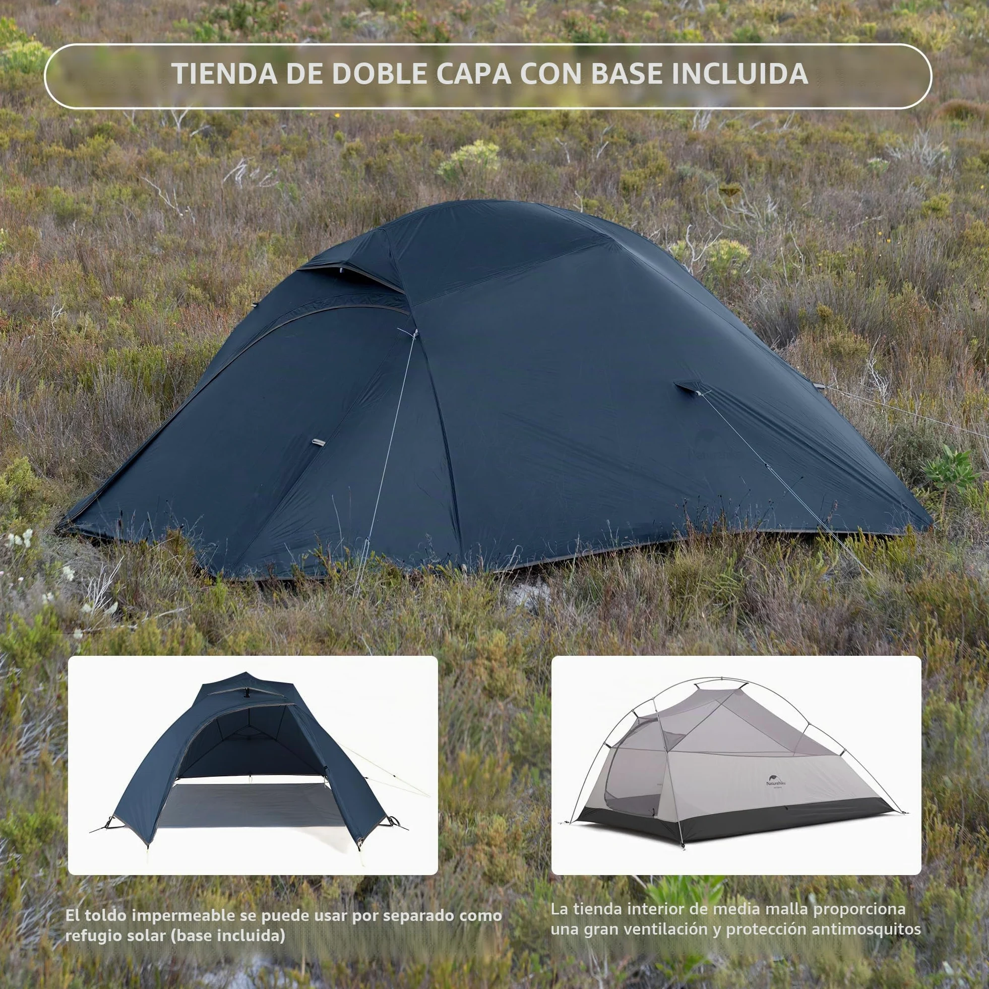 Naturehike Cloud-up Ultraligero 3 Persona Tienda de campaña Impermeable Doble Capa Camping Tienda de campaña (20D Azul Oscuro Actualizar)