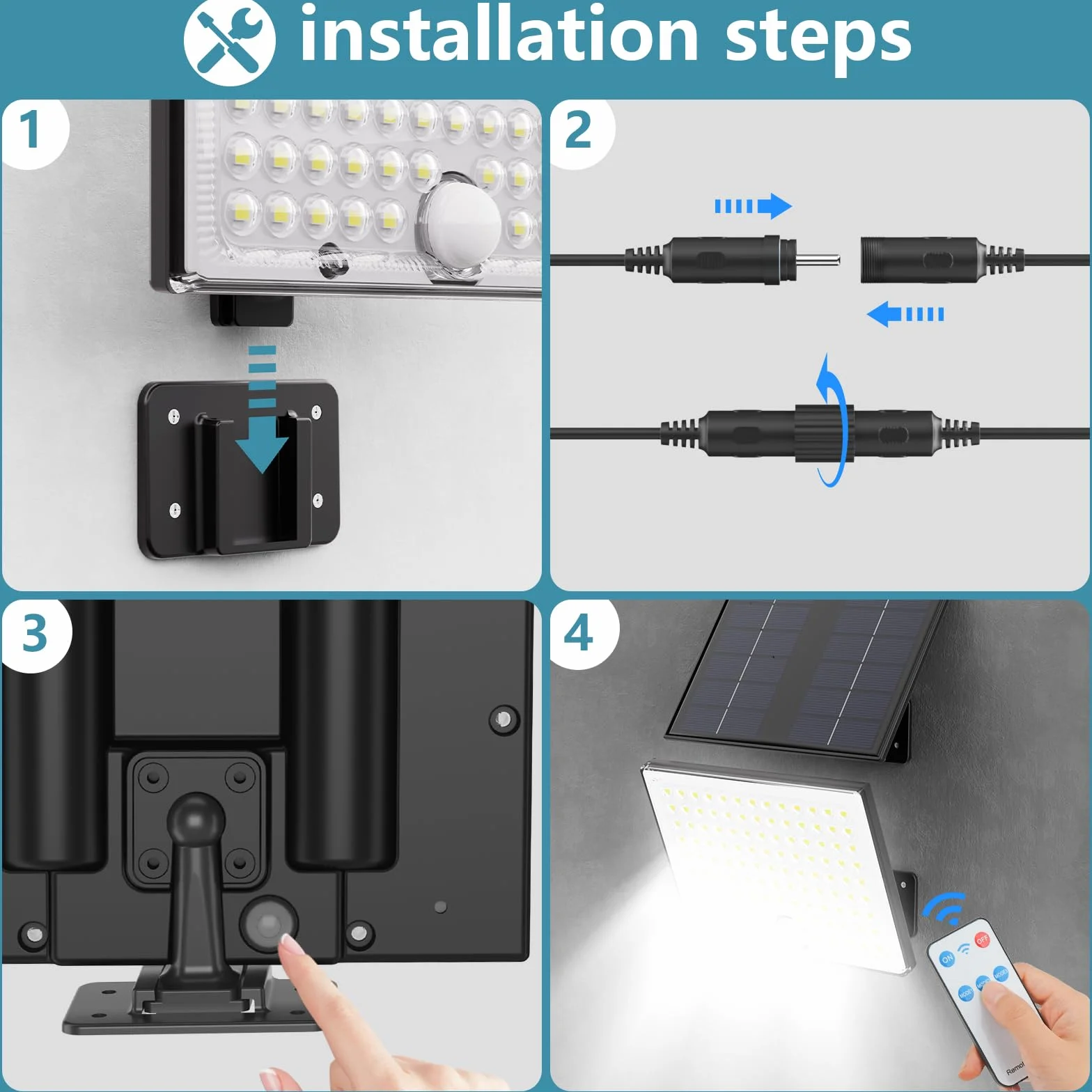 Focos LED Exterior Solares con Sensor de Movimiento y Control Remoto, 2000mAh, IP65, 4 Modos, 1 Pieza