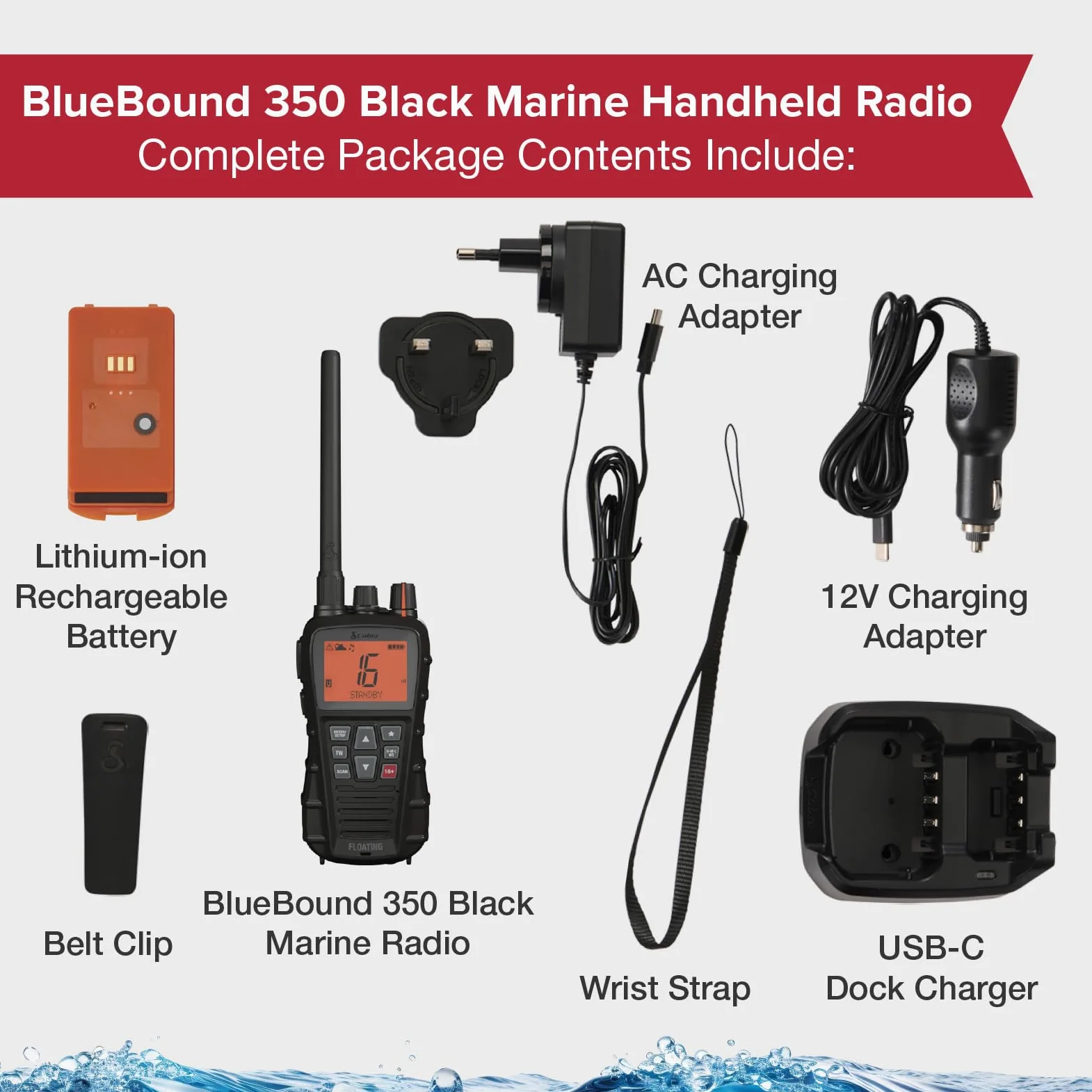 Cobra BlueBound 350 Radio Marina VHF Flotante de Mano - 6 W, Float n' Flash, IPX7 Impermeable, Sumergible, Pantalla LCD día/Noche, escaneo de Memoria, Tri-Watch, Negro
