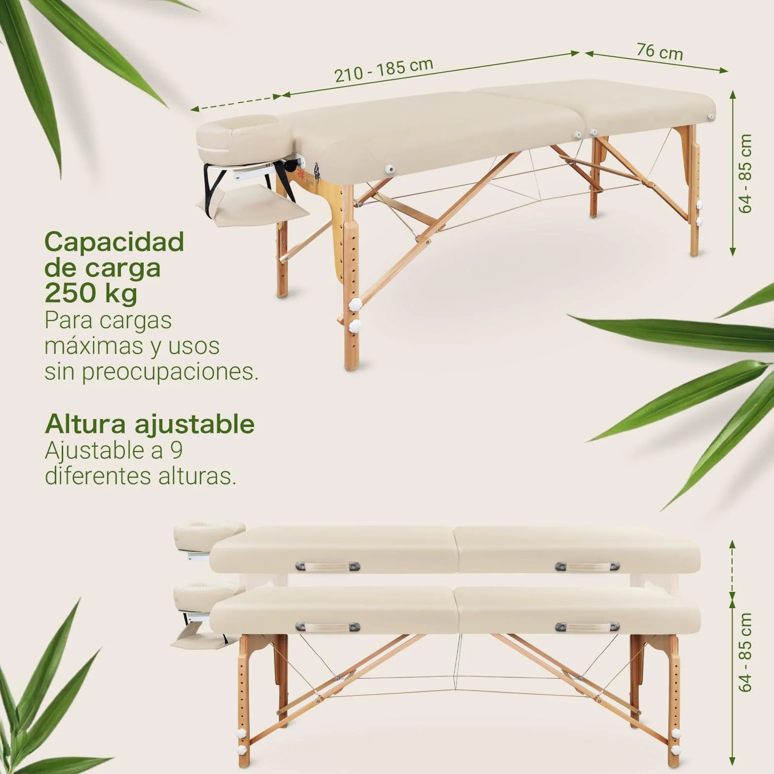 Camilla Masaje Plegable Móvil de Madera Maciza Altura Regulable Esquinas Redondeadas con Reposacabezas y Reposabrazos