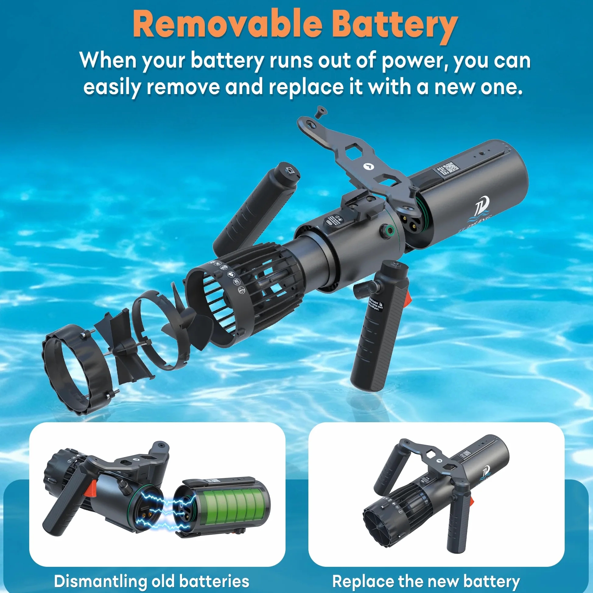 TUDIVING - Propulsión subacuática mejorada | Duración de la batería de 1 hora | Batería extraíble | IPX8 impermeable | Resistente al agua hasta 60 m | Scooter submarino con soporte de cámara de acción