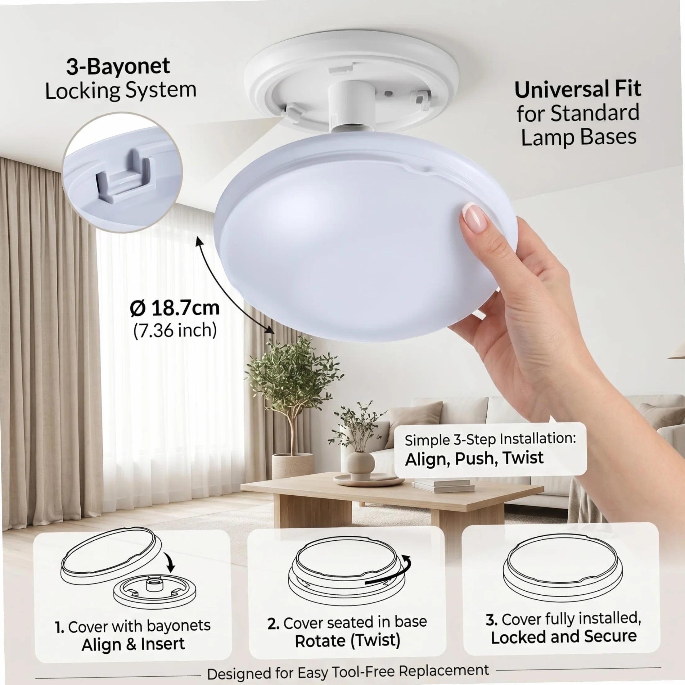 Cubierta de luz para ventilador de techo, globo acrílico de repuesto resistente a roturas, 7-36 pulgadas, cerradura de 3 giros