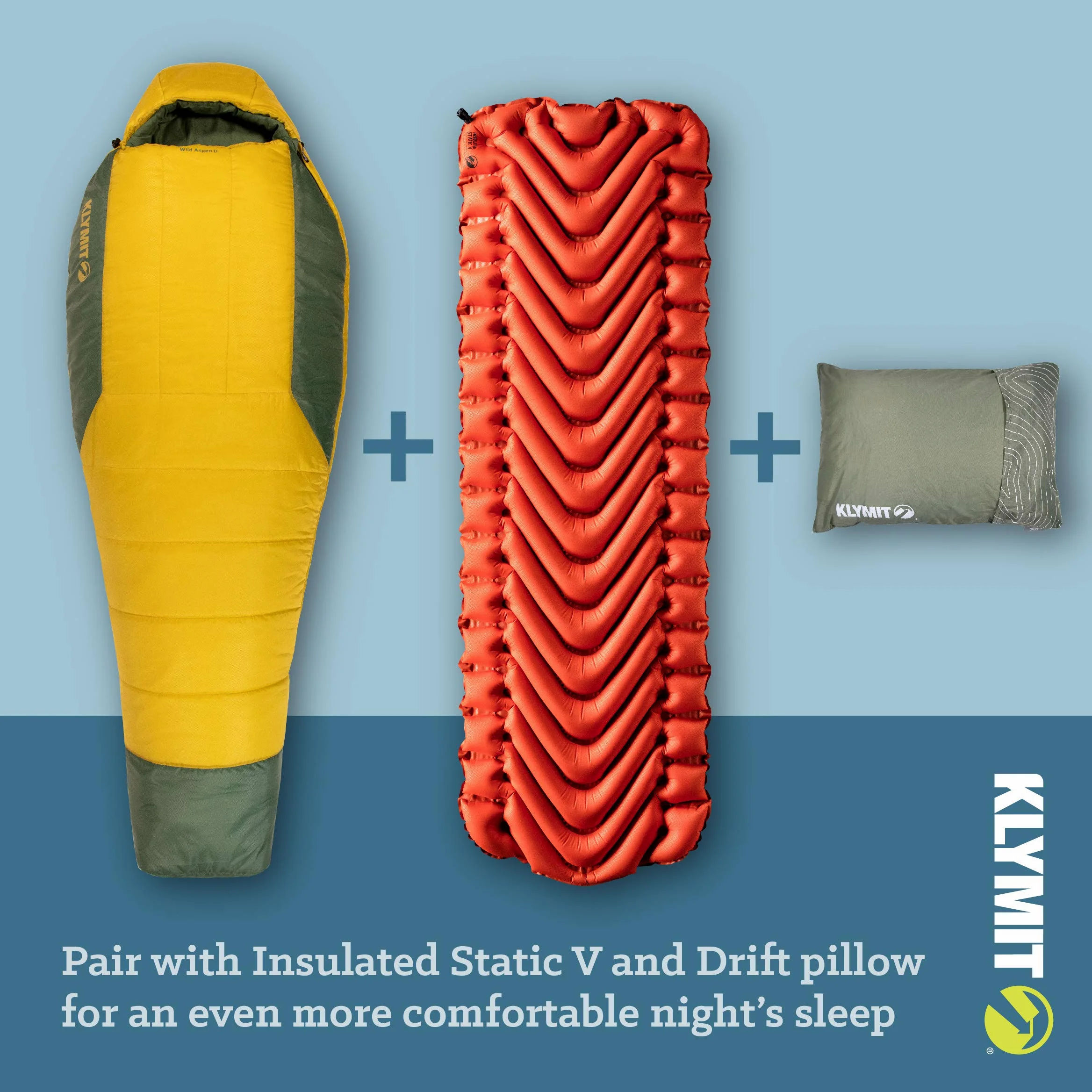 KLYMIT Wild Aspen - Saco de Dormir Ligero para mamá, el Mejor Equipo para Clima frío, Camping, Senderismo, mochilero, par con Almohadilla de Dormir estática en V (tamaño Regular a XL)