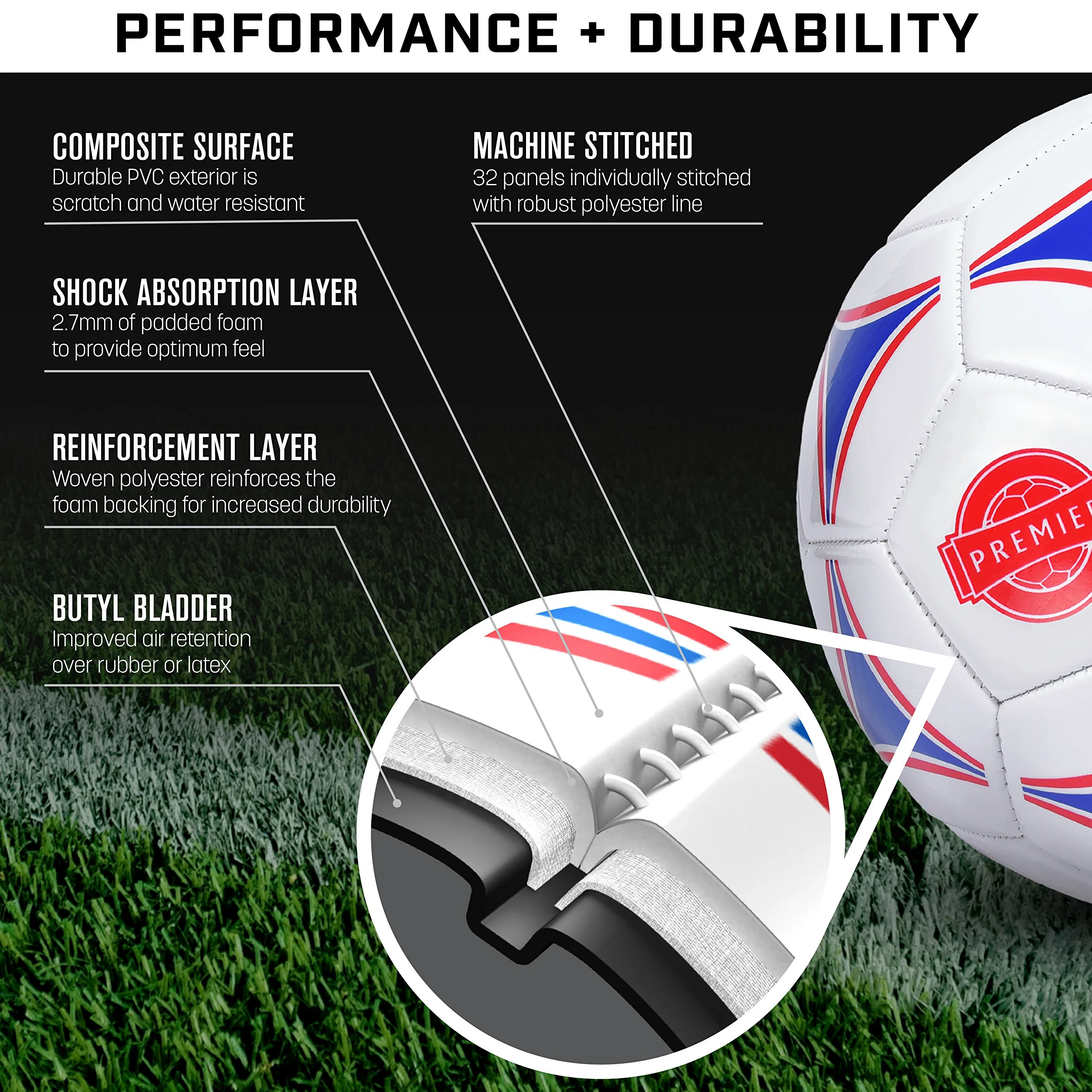 GoSports Premier Balón de fútbol con Bomba Premium, Disponible como Pelotas Individuales o 6 Paquetes, Elige tu tamaño