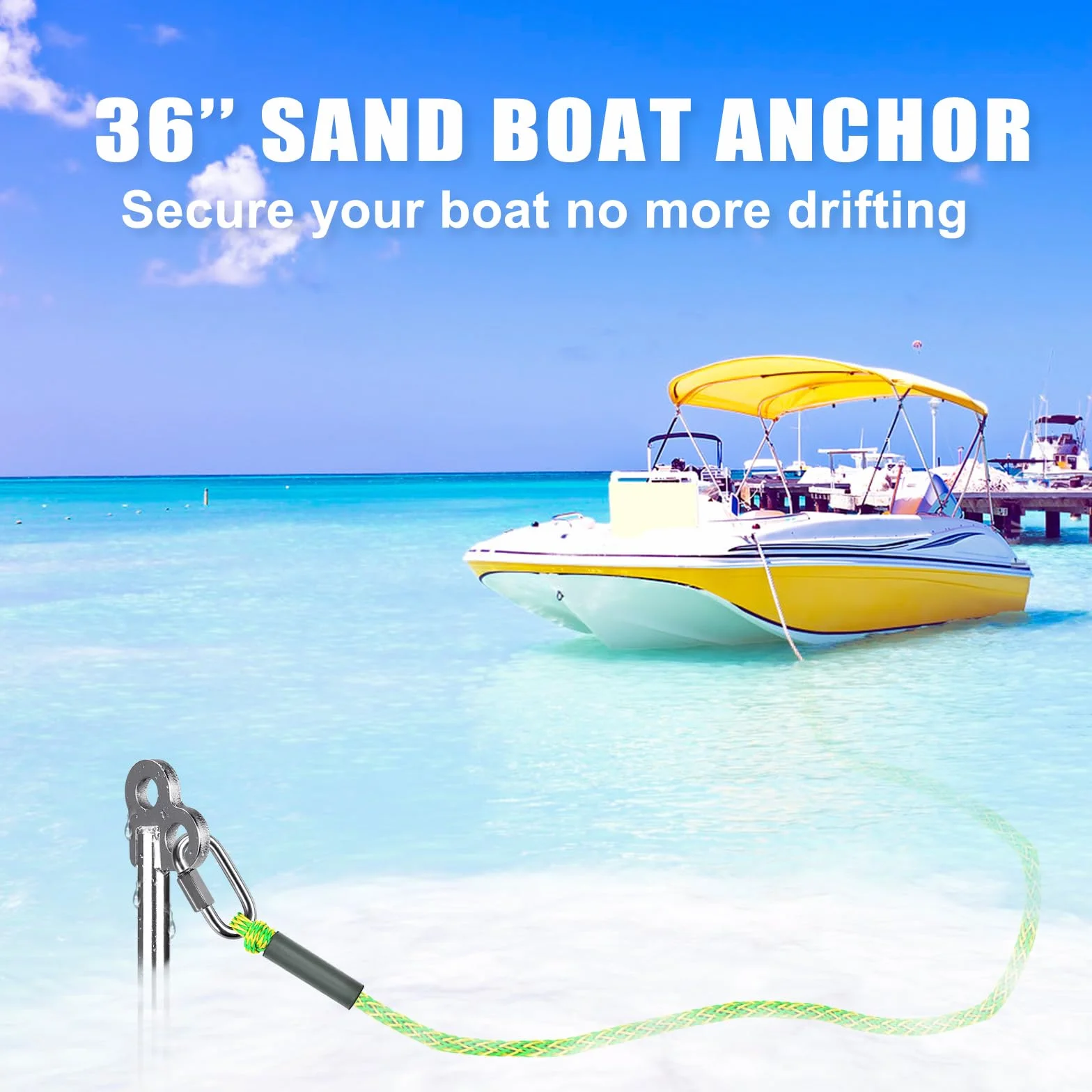 Insaga Anclaje de arena de 36 pulgadas para barco, ancla de arena de acero inoxidable 304 con barra transversal, anclaje de barco atornillado para kayak, moto acuática, pontón, agua poco profunda