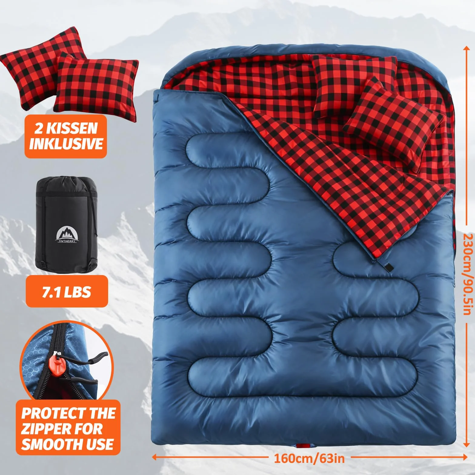 SWTMERRY Saco de dormir doble para camping para adultos, saco de dormir para 2 personas, 230 x 160 cm, con 2 almohadas para familia, exteriores, senderismo, viajes