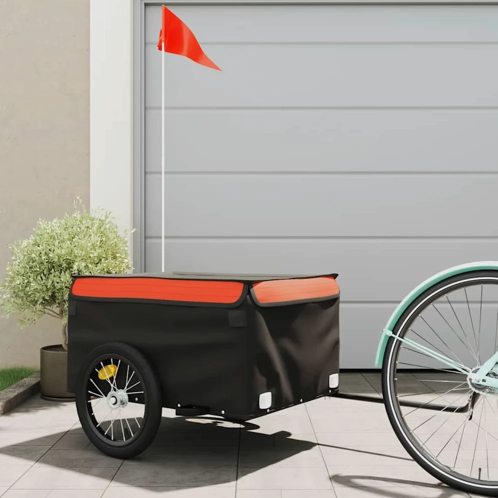 Remolque de bicicleta negro y rojo de hierro con capacidad de carga, 134 x 69 x, con barra de tracción y bandera de seguridad para cargas, transporte, compras y uso al aire libre
