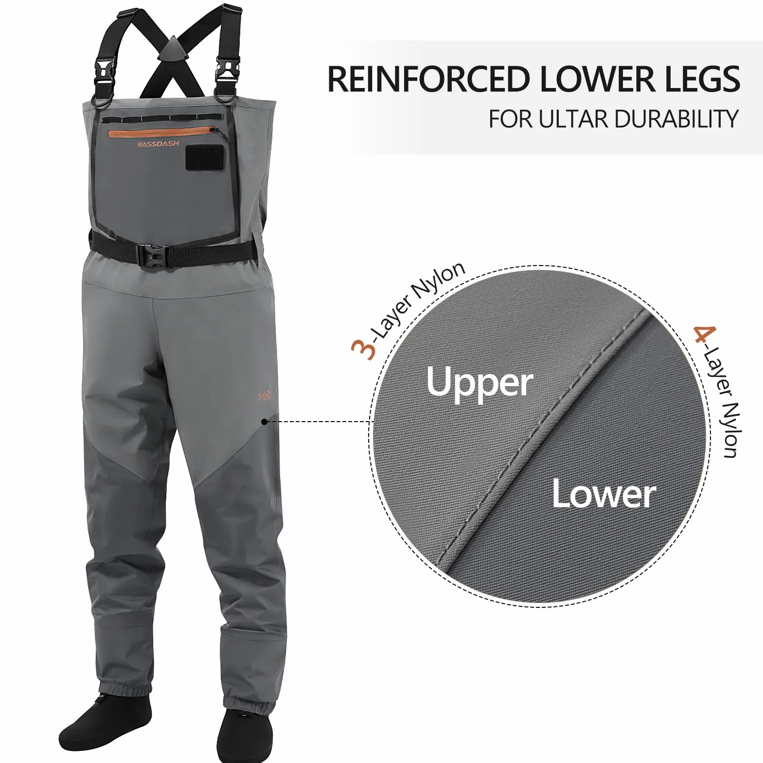 Bassdash Flex Hombre de Nylon Transpirable Vadeadores de Pecho Impermeable de Pesca con Mosca Calcetín de Pie para la Caza de Peso Ligero