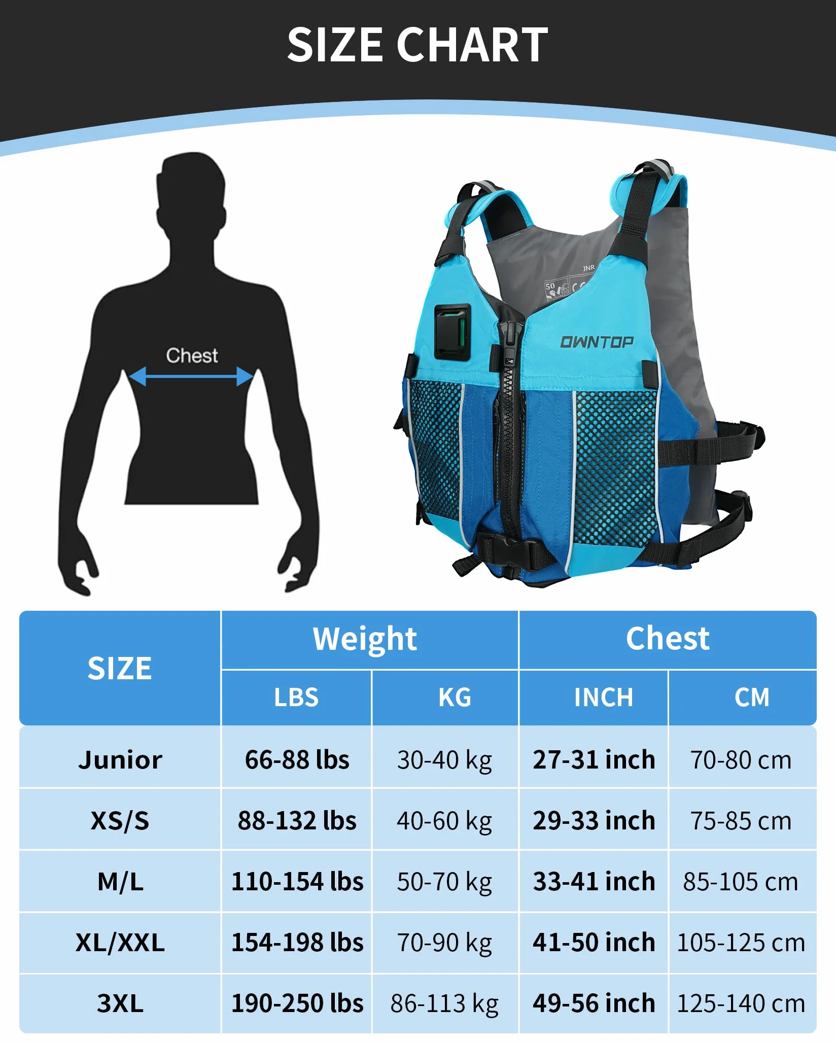 Owntop Chaleco de Ayuda a la Flotabilidad para Adultos y Adolescentes con Mochila de Hidratación, Silbato y Bolsillos