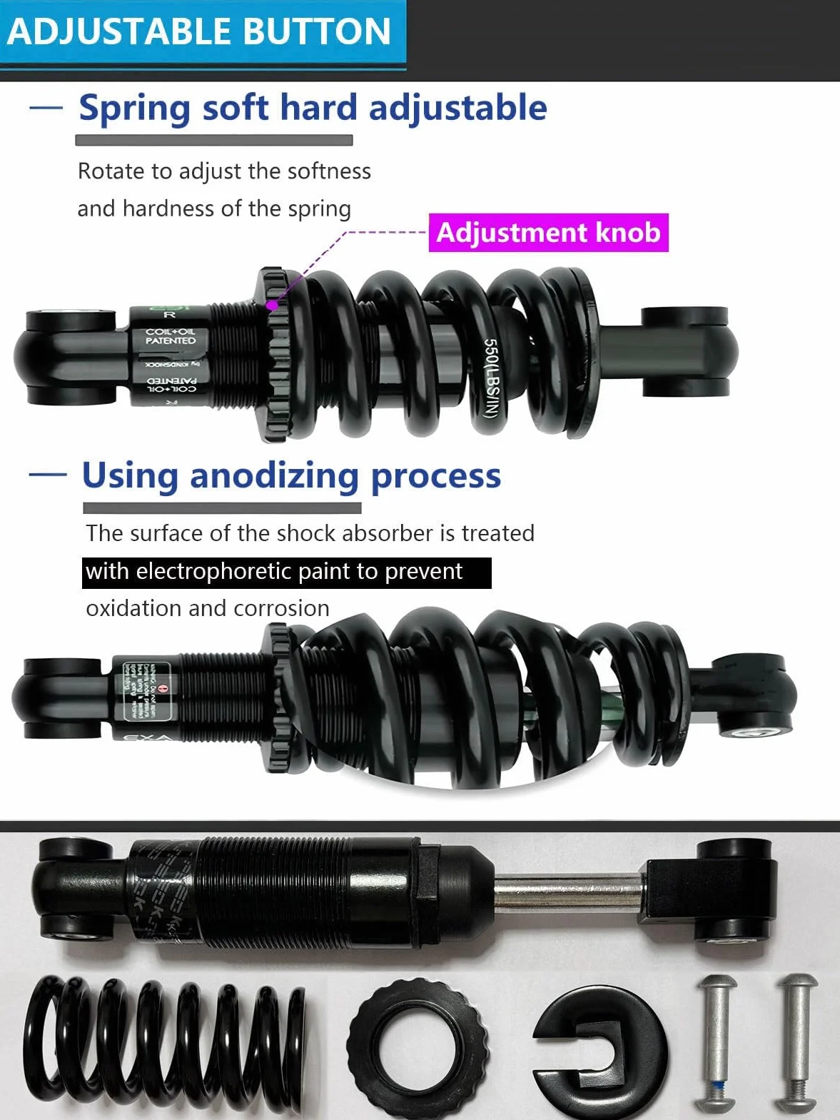 AuroraXQ Amortiguador Trasero Bici Montaña 125/150/165/190mm Suspensión MTB para E-Bike Bicicletas Plegables y Scooters(190mm,450 Lbs)