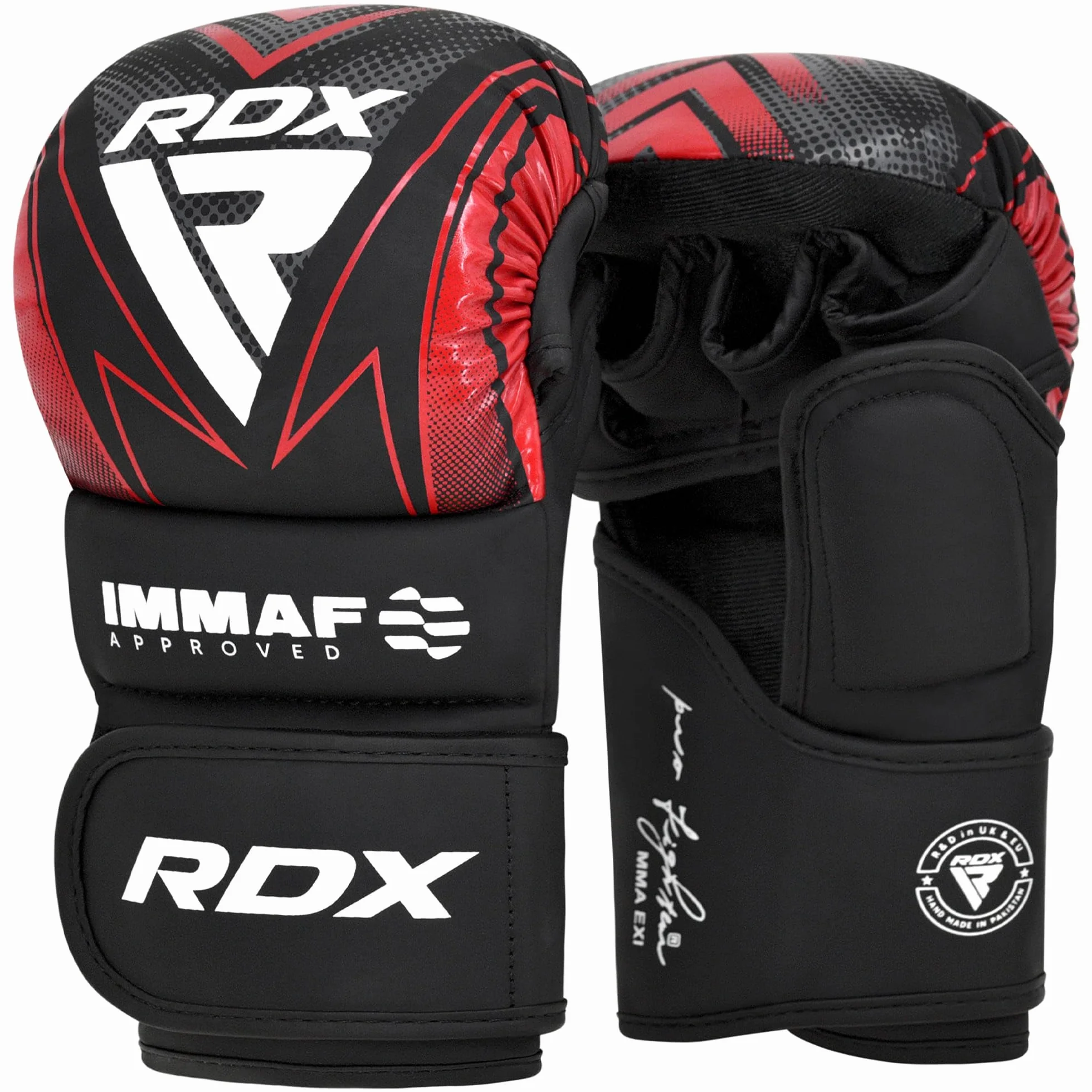 RDX Guantes de combate aprobados por IMMAF, diseño híbrido de grado profesional para nivel de competición y entrenamiento, palma abierta ventilada, correas de muñeca ajustables, artes marciales Muay