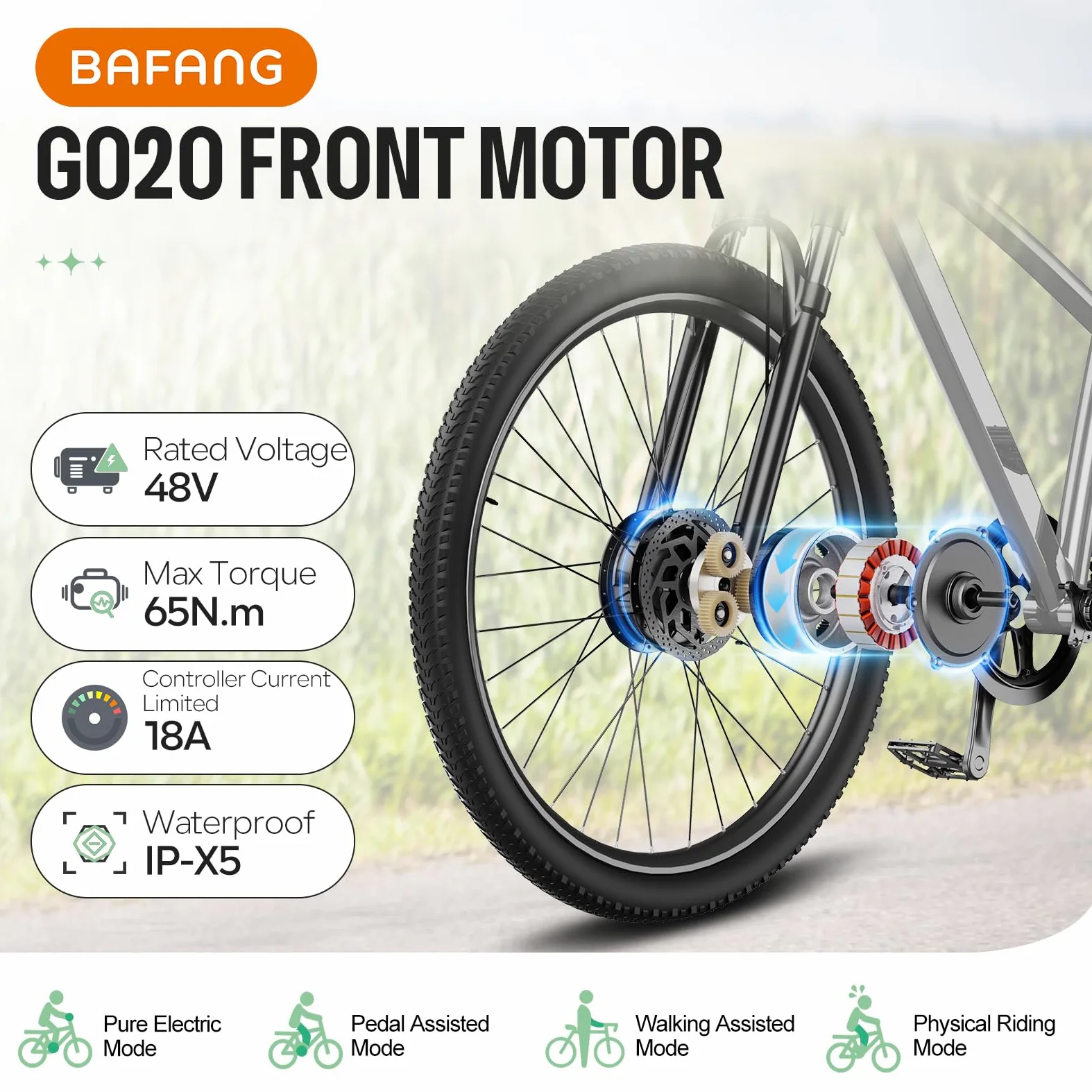 BAFANG Kit Conversion a Bicicleta Electrica G020 48V Motor Rueda Delantera con Batería Opcional y LCD Pantalla - Freno de Disco Versión para 20" 26" 29" 700C Bici de Montaña Carretera Cercanías