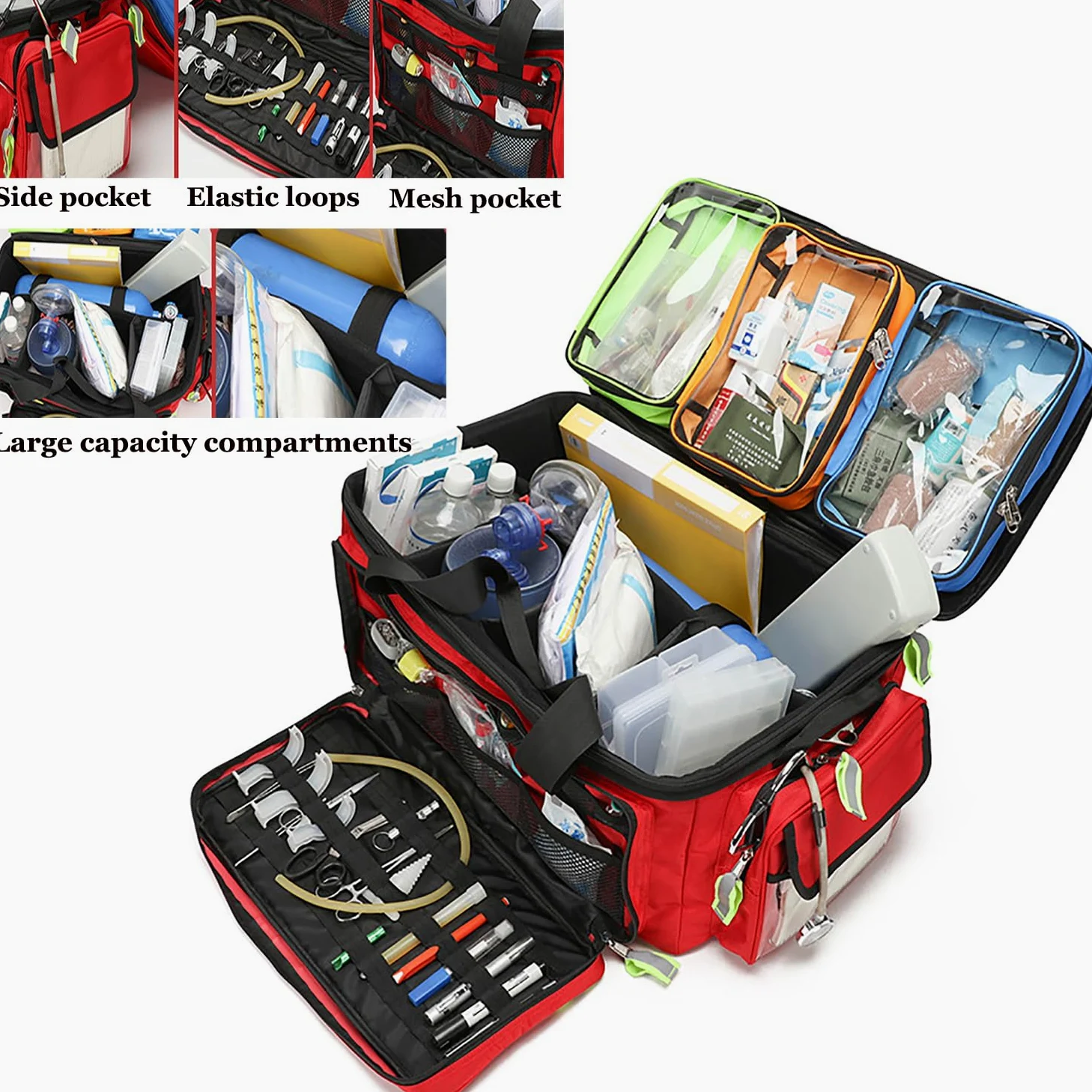 First Responder - Bolsa de transporte de gran capacidad con ruedas, bolsa de lona portátil para tanque de oxígeno, vacía con compartimentos, bolsa para botiquín de primeros auxilios al aire libre