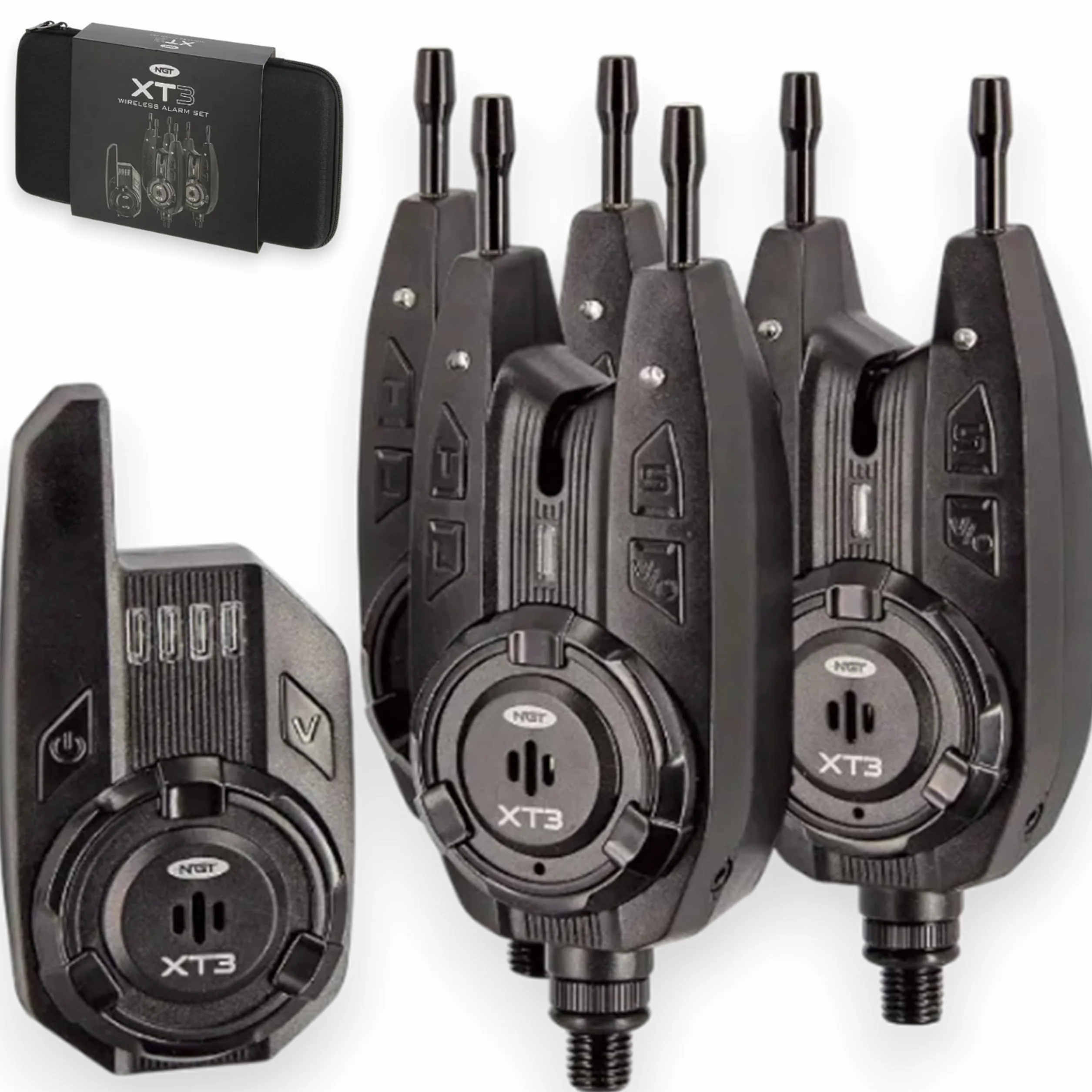 NGT XT3 - Juego de alarma inalámbrica 3+1 con receptor y funda, alarmas de pesca de carpas