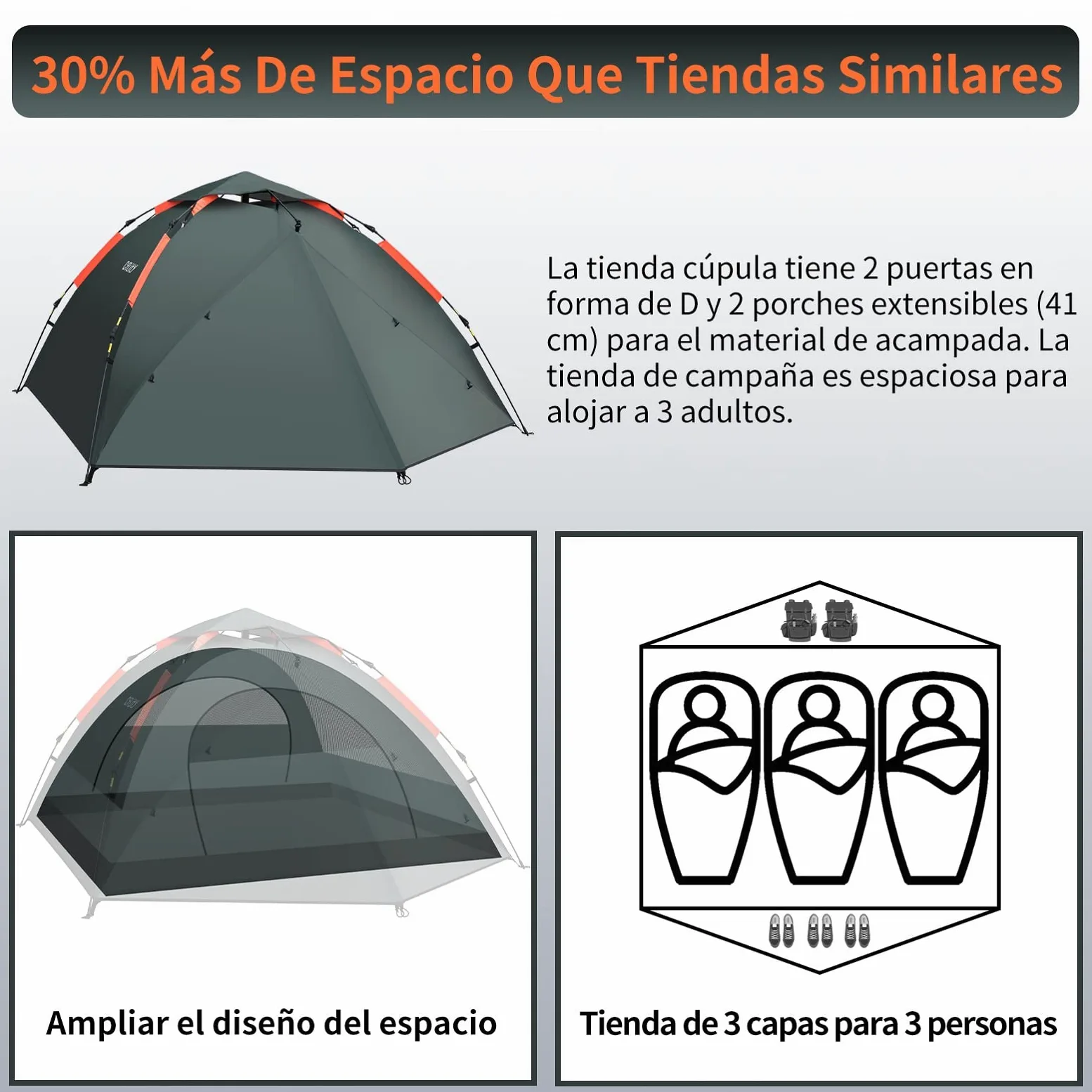 Cflity Tienda de Campaña, 3 Personas Tienda Instantánea Automática, Tienda Impermeable de Tres Capa, Carpa Grande y Ligera para 4 Estaciones, Carpa de Mochilero con 2 Porches Extensibles para Camping