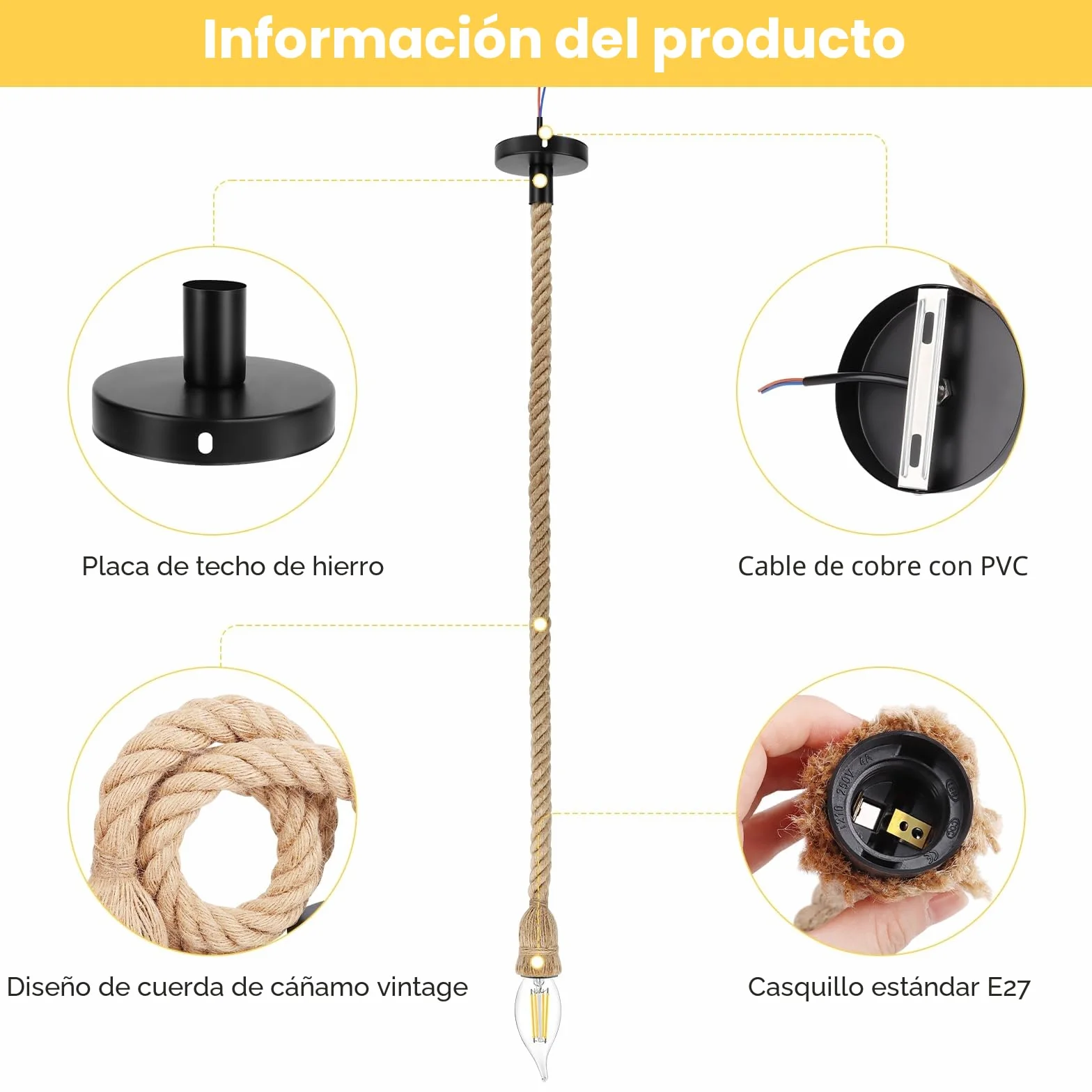 Lámpara Colgante Vintage Industrial E27 Cáñamo 100cm para Comedor Restaurante