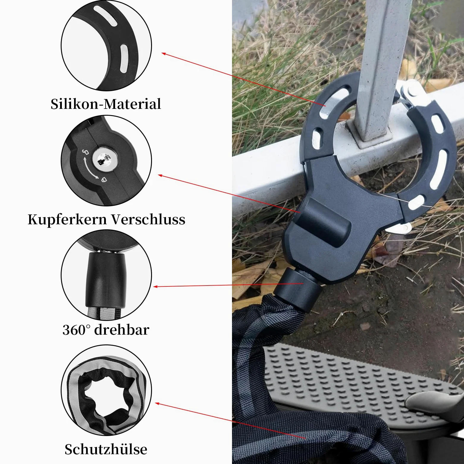Candado para tritinte eléctrico, candado para patinete con llave y bolsa impermeable, cadenas antirrobo para bicicleta, scooter, bicicleta eléctrica, patinete autoequilibrado