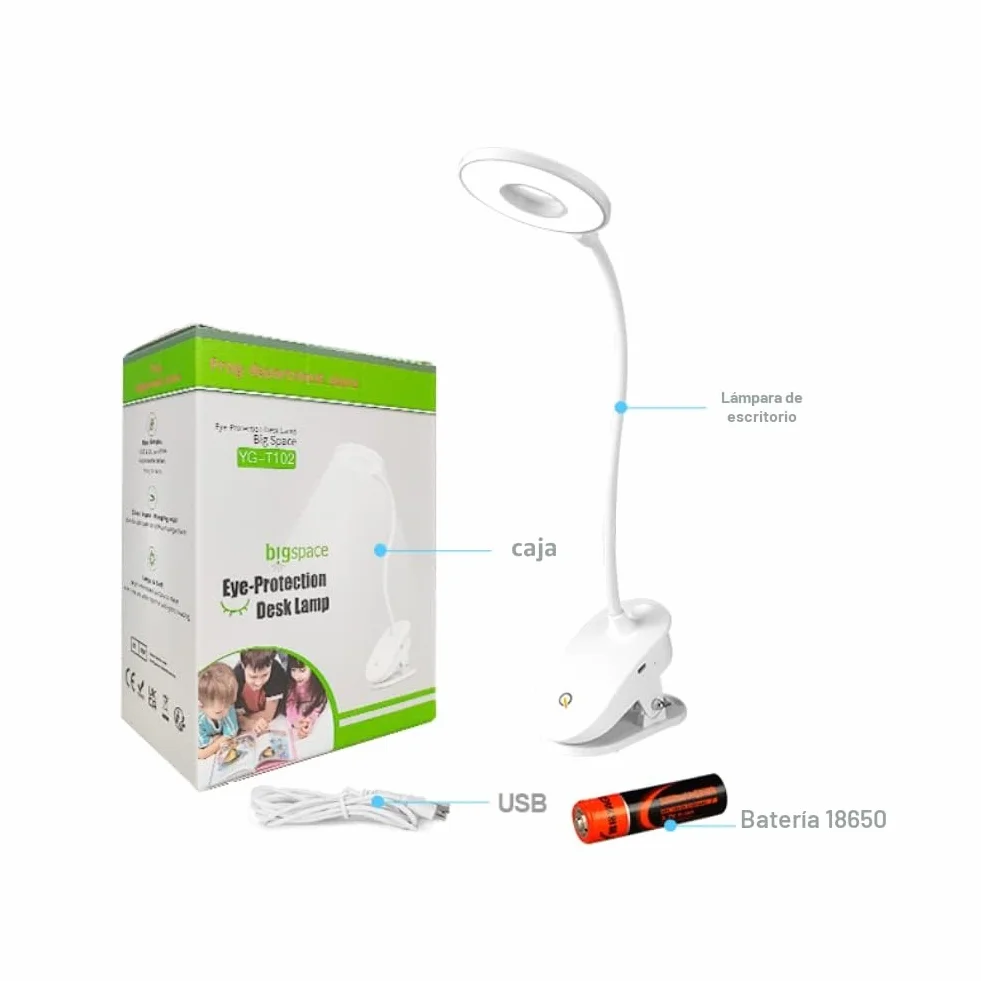 Lámpara de lectura con clip, recargable USB, 3 niveles de brillo