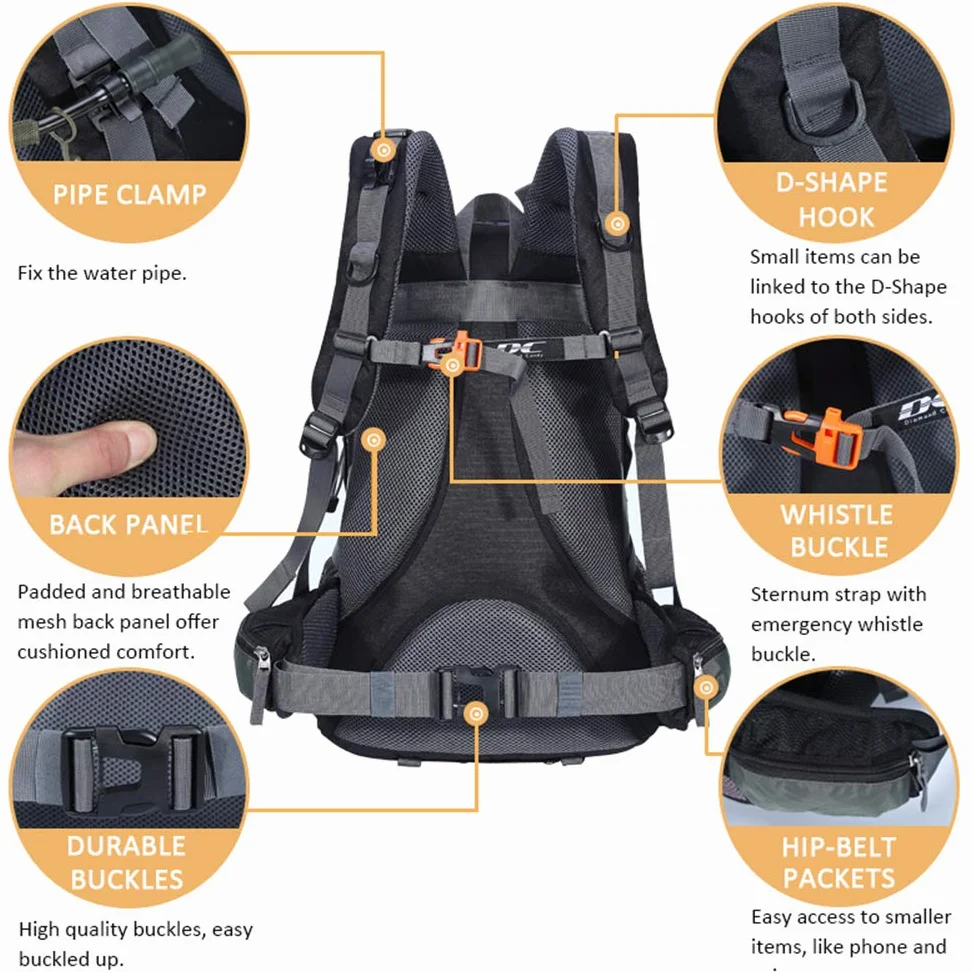 Mochila ultraligera, impermeable, ideal para senderismo, escalada, actividades en exteriores, viaje a bicicleta, montar a caballo y viajar, capacidad: 40 l, diseño Diamond Candy, color negro, tamaño Talla única | Gran capacidad, camping y viajes, parte tr