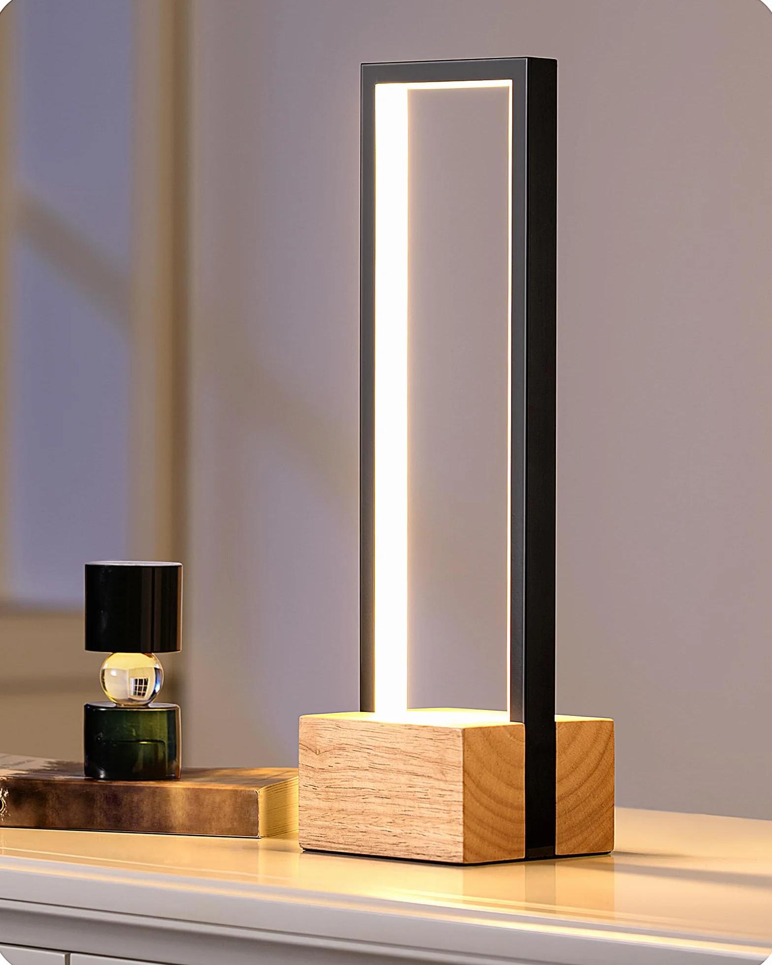 EDISHINE Lámpara de Mesa LED Regulable, 3 Temperaturas de Color 3000K-6000K, Táctil, Aluminio Negro y Madera