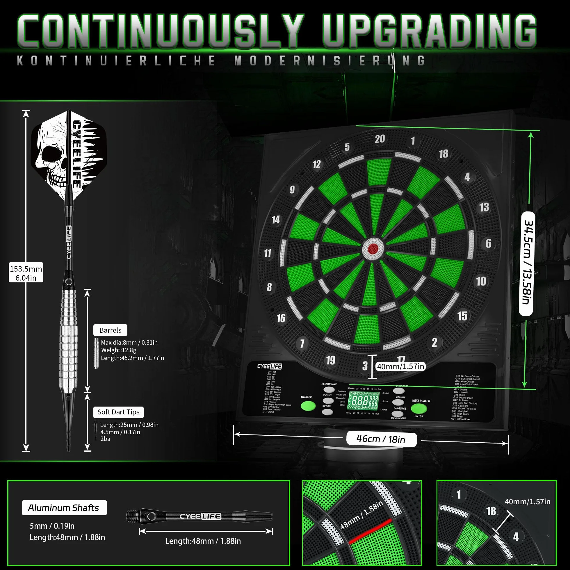 CyeeLife Dianas electrónicas, Dartboard de Profesional Set con 12 Flechas de Dardos 1 Dart Oche Line + 24 Vuelos Pro 50 Puntas de Flechas + Accesorios Dardo para 1 a 8 Jugadores