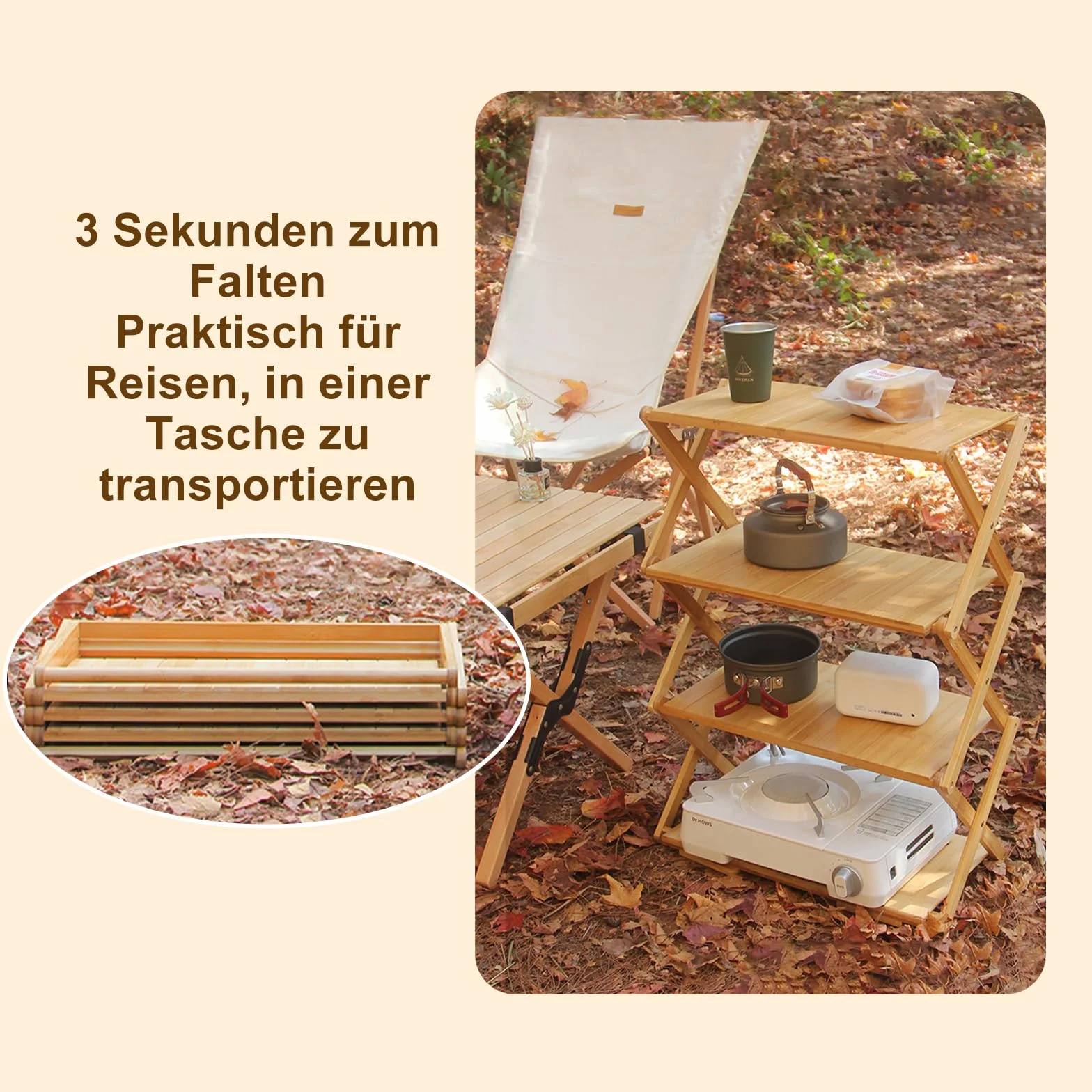 Estantería plegable de bambú, para camping, para exteriores, cocina, camping, barbacoa (4º piso, elevado)