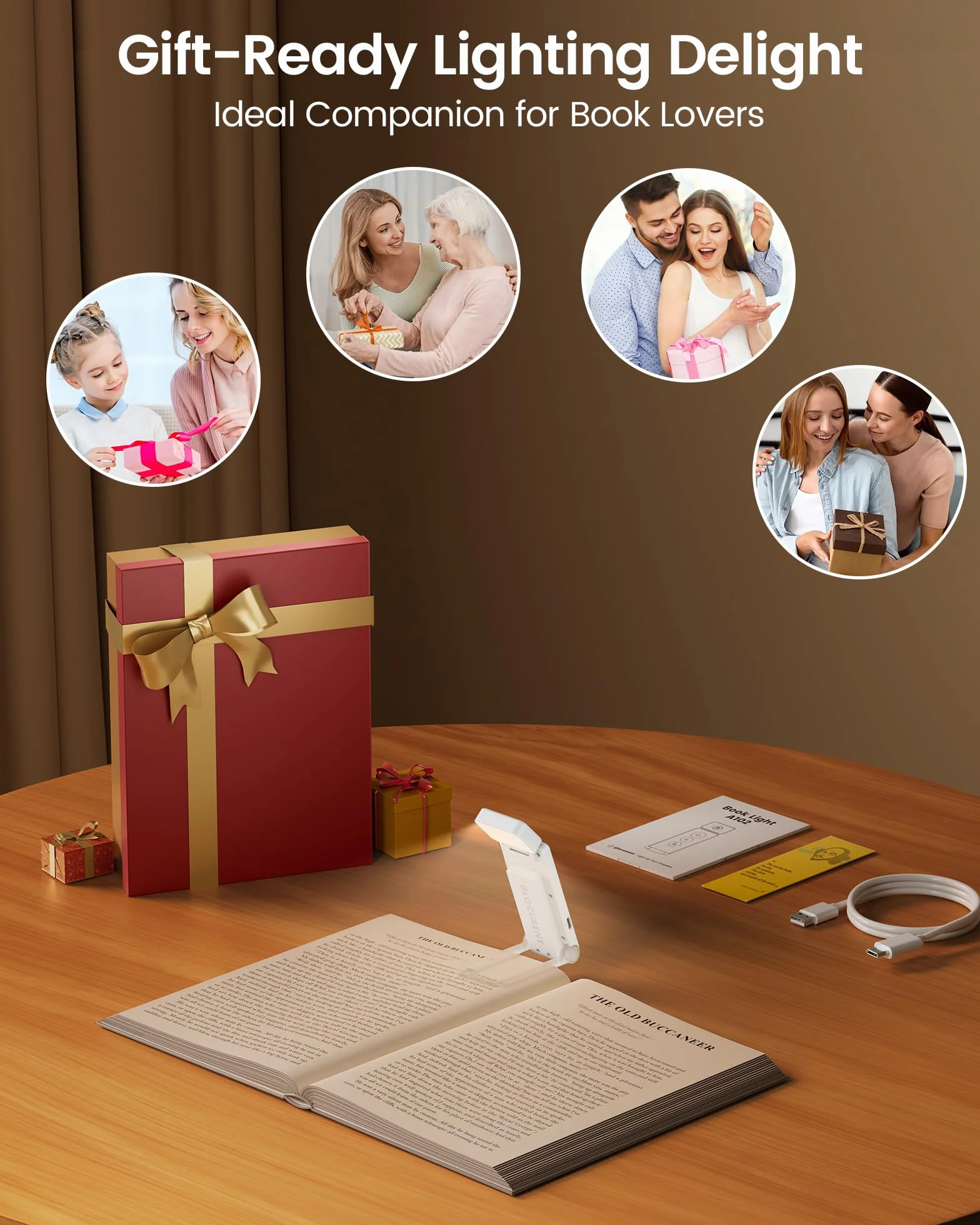 Glocusent Luz de Lectura con 12 LEDs, 5 Colores y 5 Brillos, Recargable, Hasta 100H, Clip para Kindle