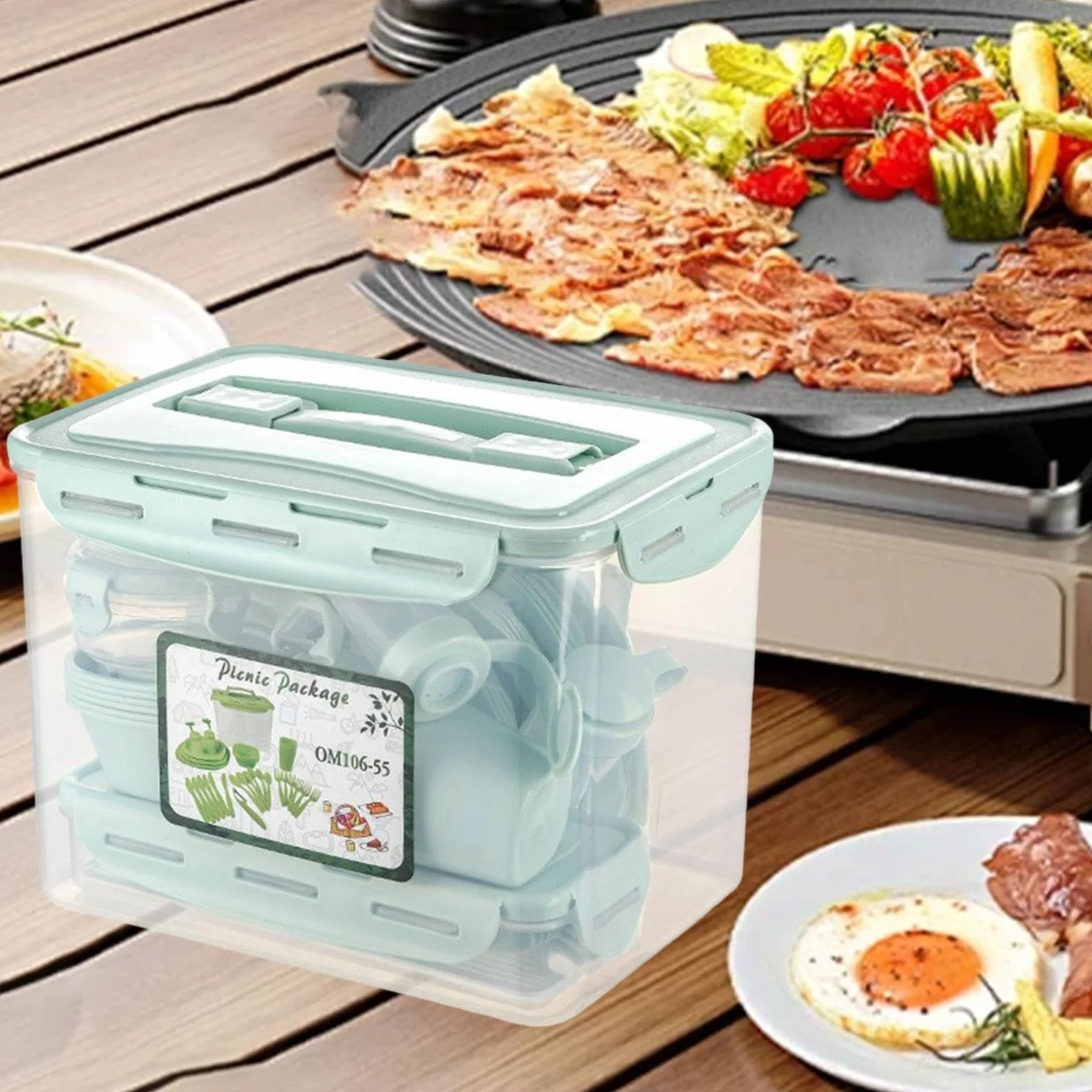56 Piezas Cubiertos Portátiles Reutilizables Vajilla Completa Cucharas Tenedores Vasos Platos con Caja de Almacenaje Adecuado para Camping Picnic, Verde