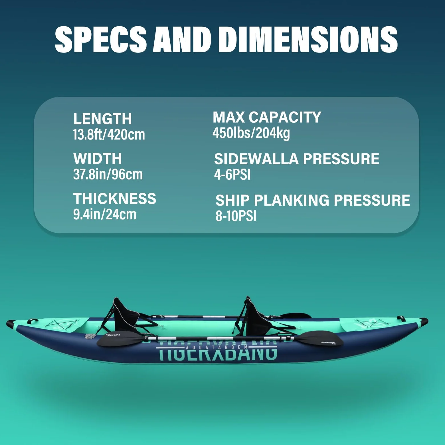 TIGERXBANG Kayak inflable para 2 personas, kayak de turismo de 420 cm para adultos y niños con asiento extraíble, paletas dobles, reposapiés, bomba de mano y accesorios