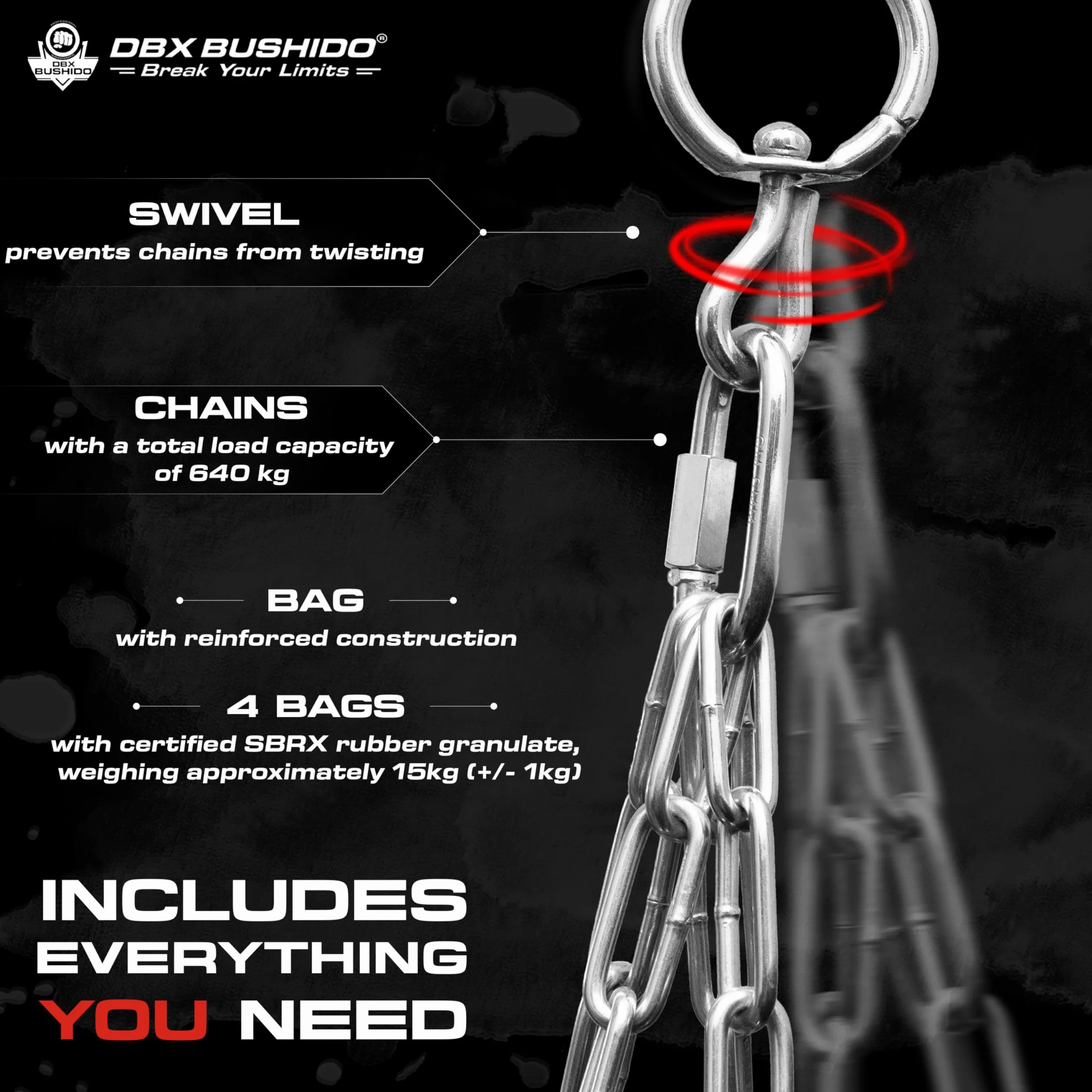 DBX BUSHIDO SPORT Saco de Boxeo Relleno con gránulos de Goma, 130 cm, Saco de 60 kg, Entrenamiento de Boxeo y Kickboxing, Bolsa de Punching…
