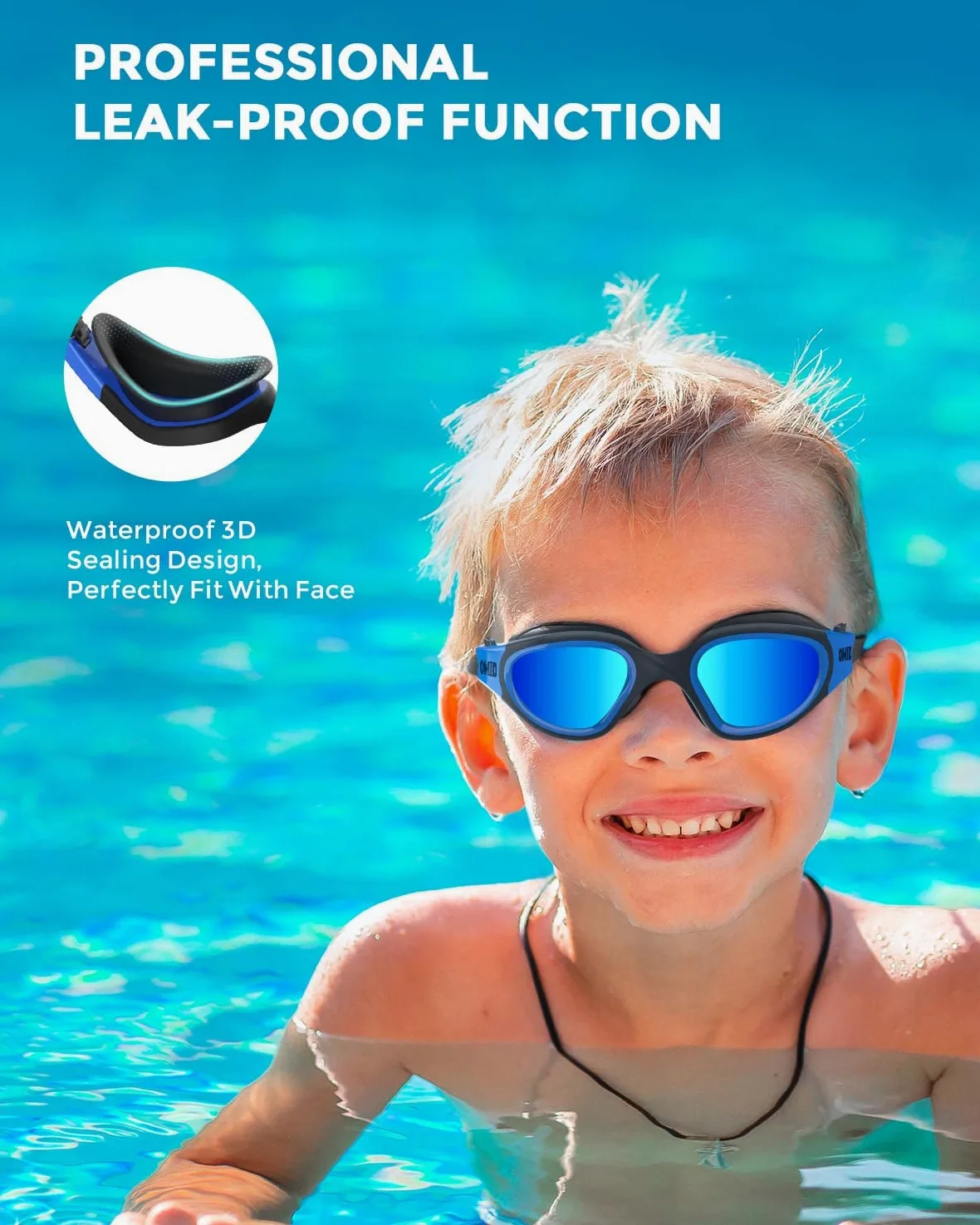 OMID - Gafas de natación para niños, 2 paquetes P2, cómodas polarizadas, unisex, antiempañamiento, sin fugas, para niños con protección UV de 6 a 14 años (azul dorado y negroazul)