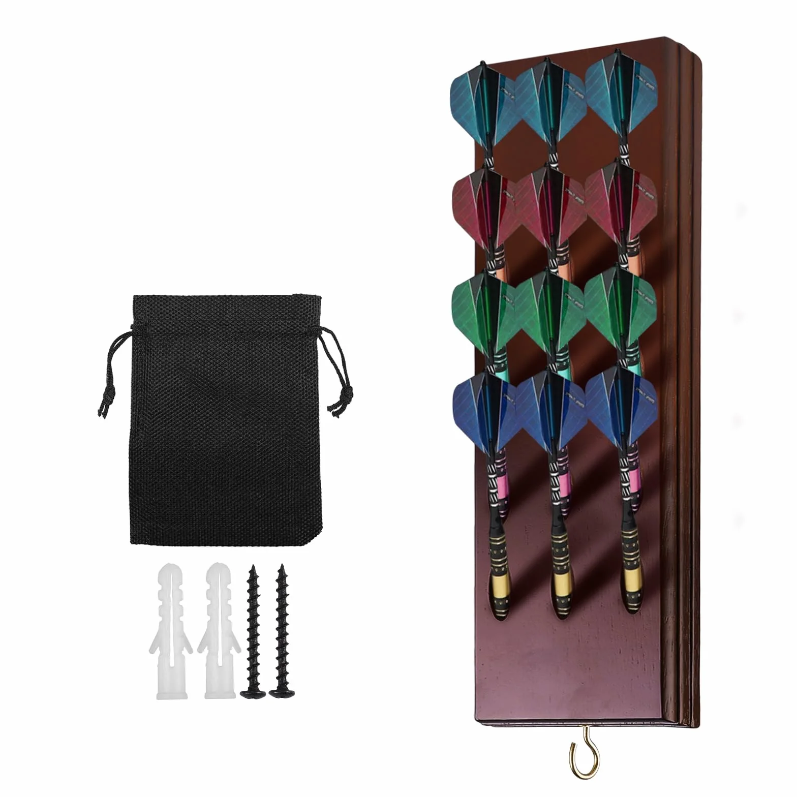 Soporte para dardos de madera para colgar: soporte para diana con clavos de metal y bolsillo para dardos, soporte para 12 dardos, accesorios para dardos, práctico almacenamiento para dardos de