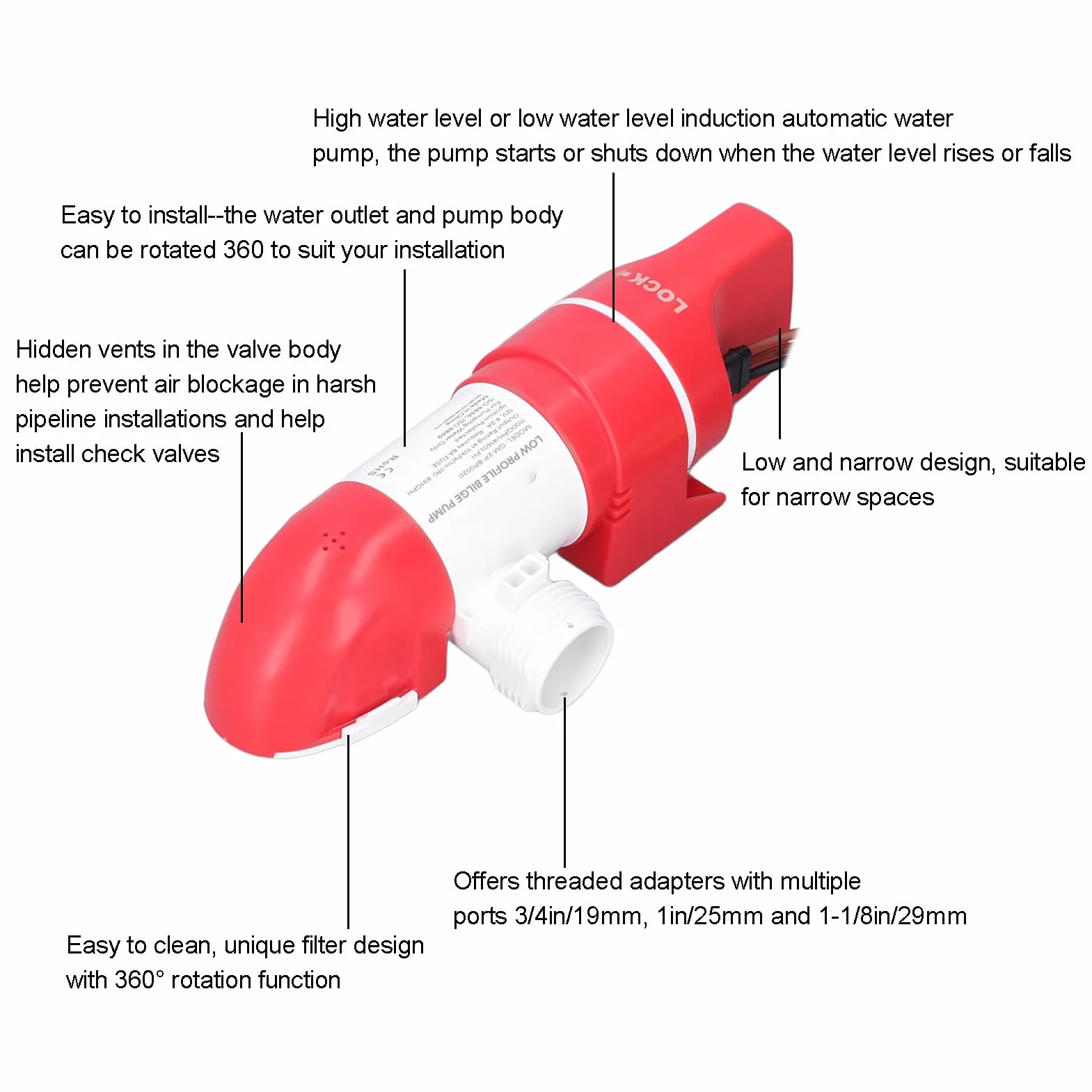 Bomba de Sentina Automática para Barcos 12V 1100 GPH, 360 Grados, Bomba de Agua Baja