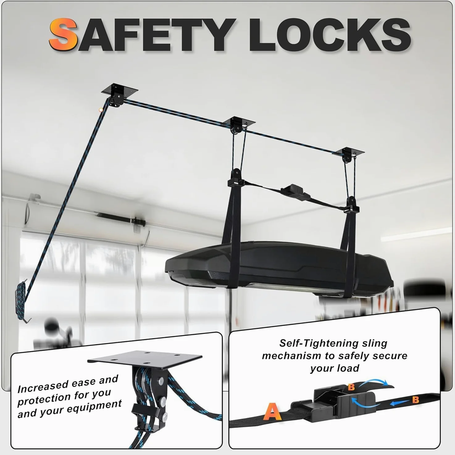 BOOSTEADY Elevador de kayak para techo de garaje, sistema de polea de kayak resistente, soporta hasta 150 libras de capacidad, sistema de elevación de almacenamiento de garaje para techos de 10 a 14