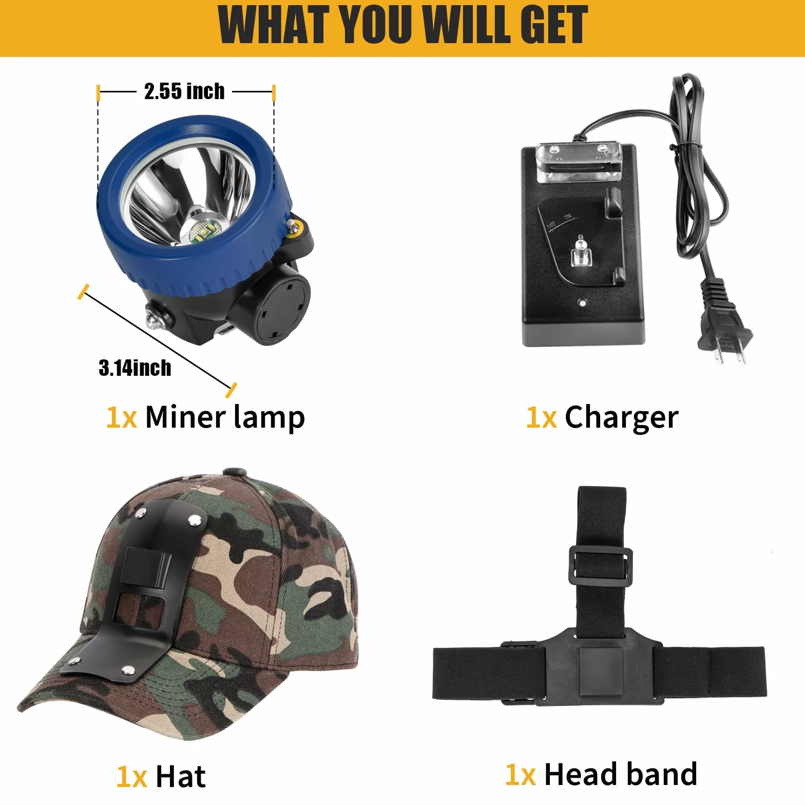 Lokilo Linterna frontal LED ultrabrillante, recargable, impermeable, luz blanca, tapa de minero de camuflaje incluida, luz minera duradera para trabajo subterráneo y aventuras al aire libre (azul)
