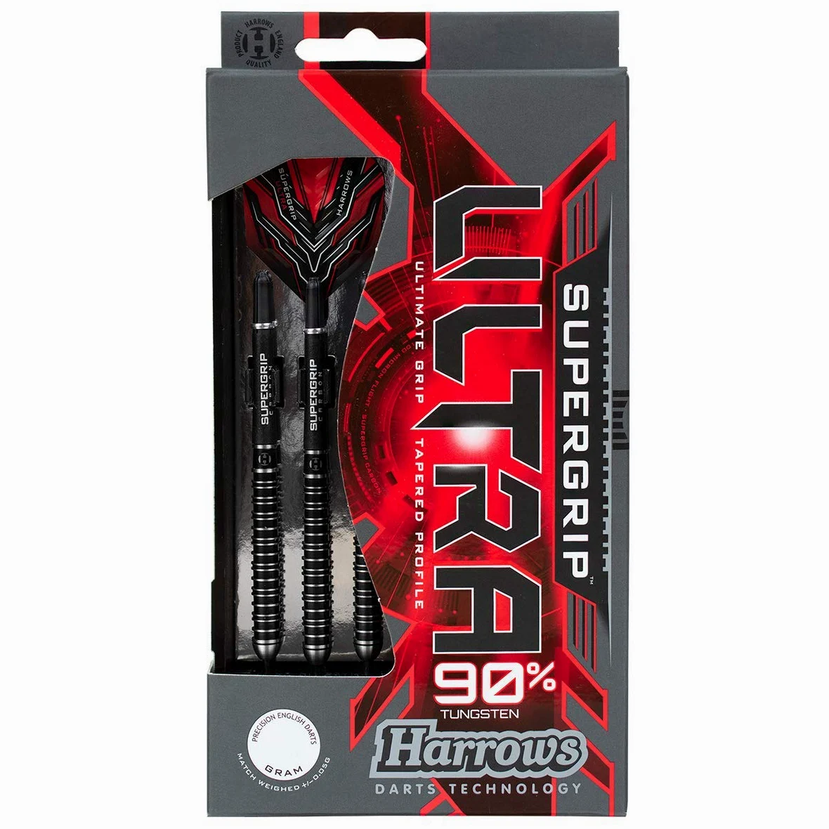 Harrows Juego de Dardos con Punta Blanda de tungsteno SUPERGRIP Ultra 90% Disponible en 18 g, 21 g, 22 g. Incluye Ejes de Carbono Supergrip, Plumas Supergrip y Estuche de Viaje.
