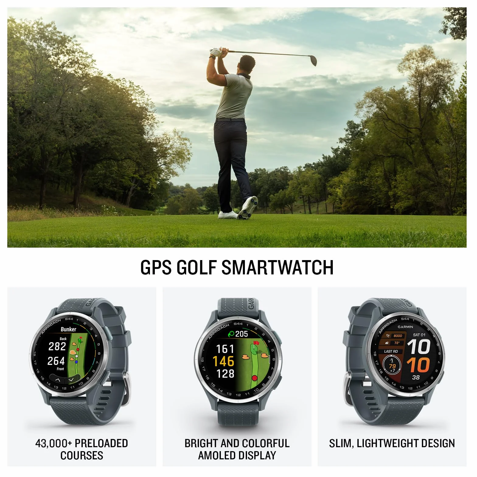 Garmin Approach S44 Essential Golf GPS Smartwatch con Pantalla AMOLED, Bisel de Aluminio Plateado