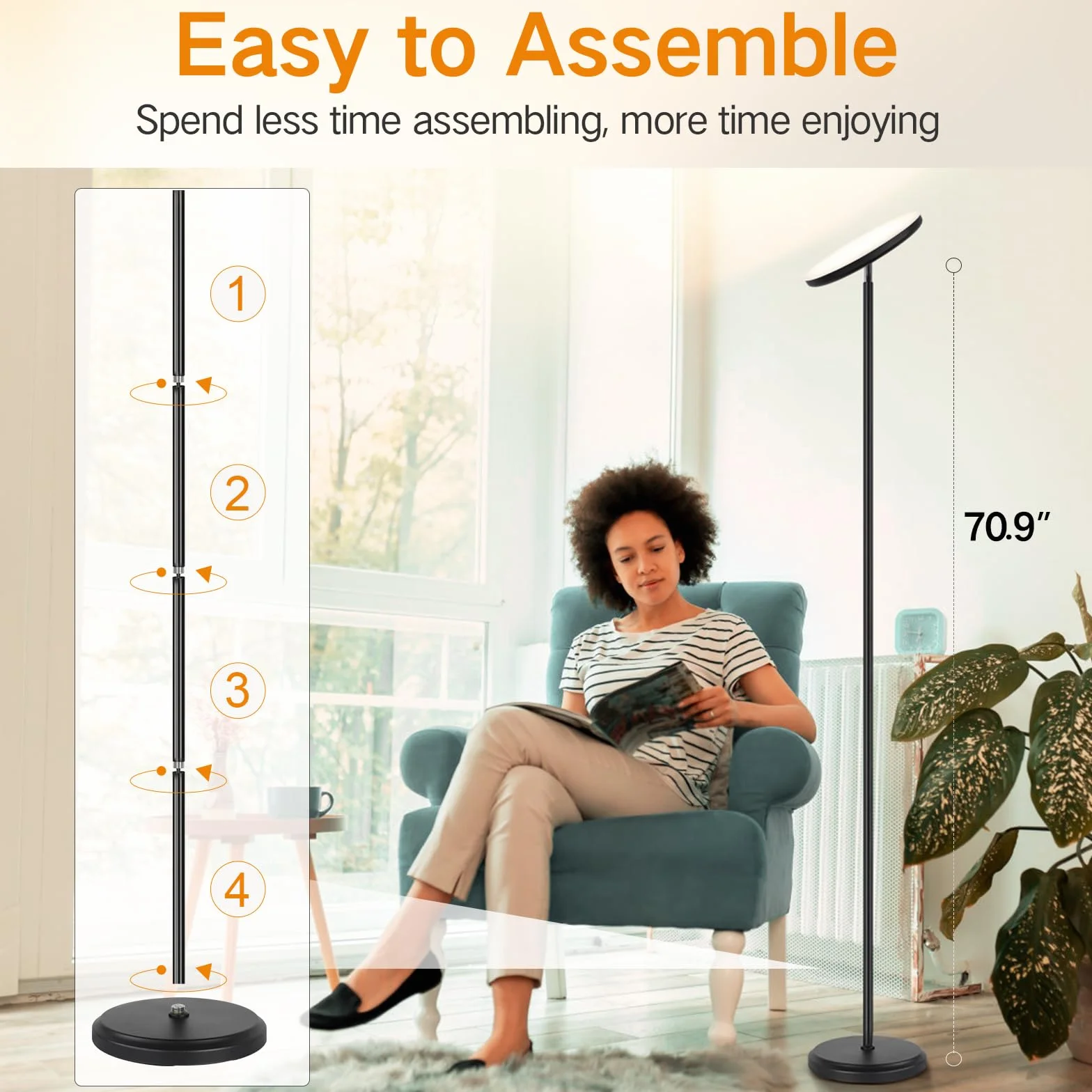 OUTON Lámpara de Pie LED 30W 180CM Alexa Google Assistant Regulable Negro