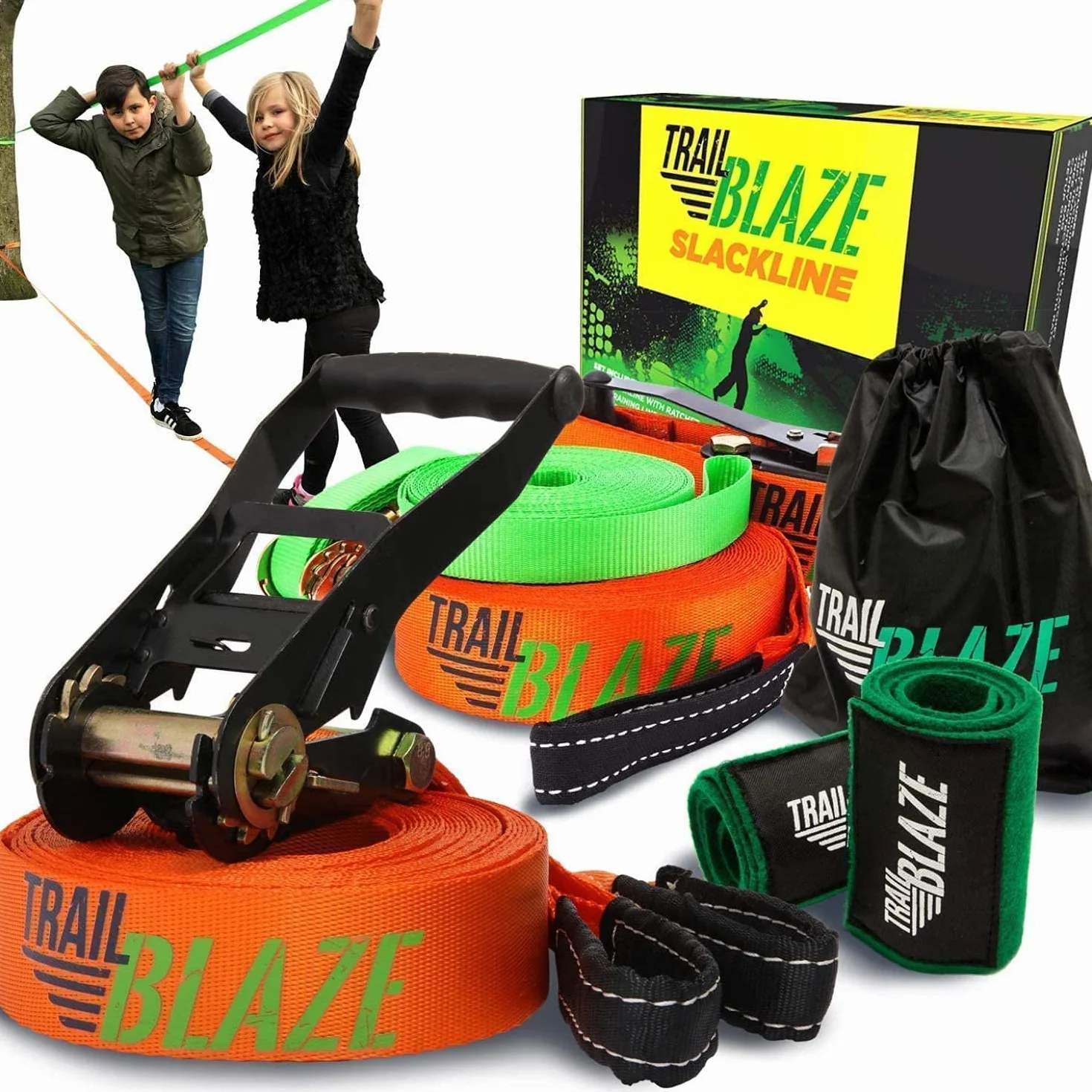 Slackline - Kit Completo para Principiantes, Correa de Aprendizaje Protectores, Bolsa de Transporte, última tecnología de trinquete y Mango ergonómicos, Actividad al Aire Libre