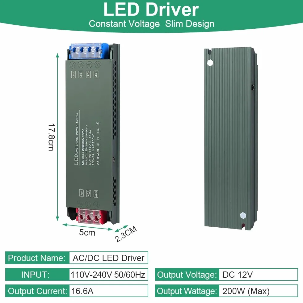 URAQT Transformador 220V a 12V 200W 16,6A Fuente Alimentación Voltaje Constante para Tira LED