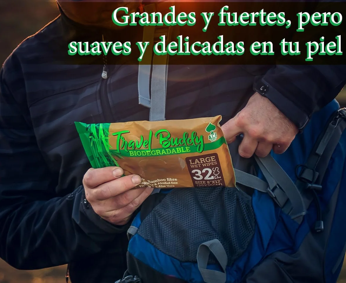 Ace Wipes Travel Buddy Toallitas húmedas de bambú biodegradables grandes 32 toallitas