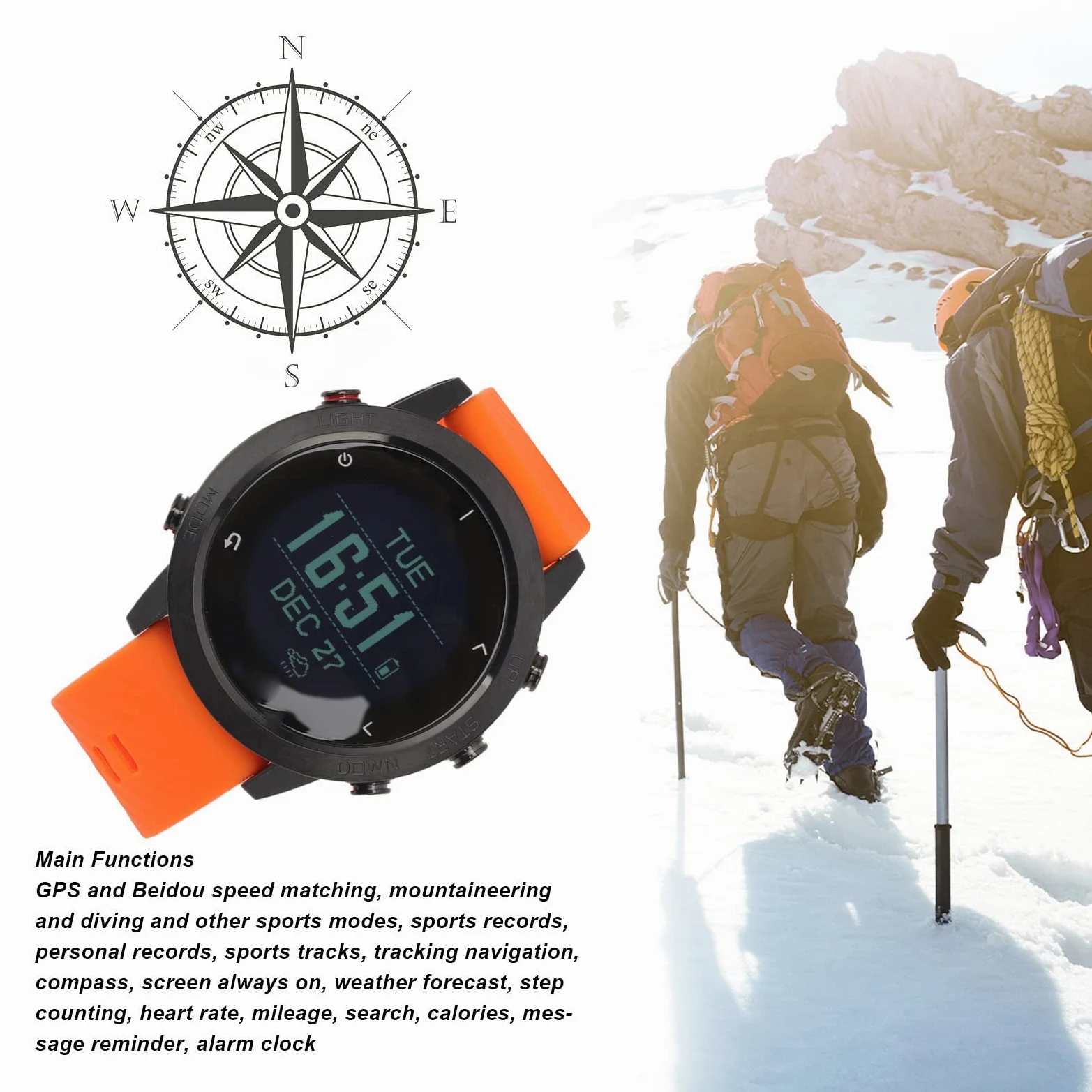 DAUZ Reloj de Ordenador de Buceo, Pieza de Carga USB, Reloj Inteligente Resistente Al Agua con Ubicación de Ruta para Montañismo (Naranja)