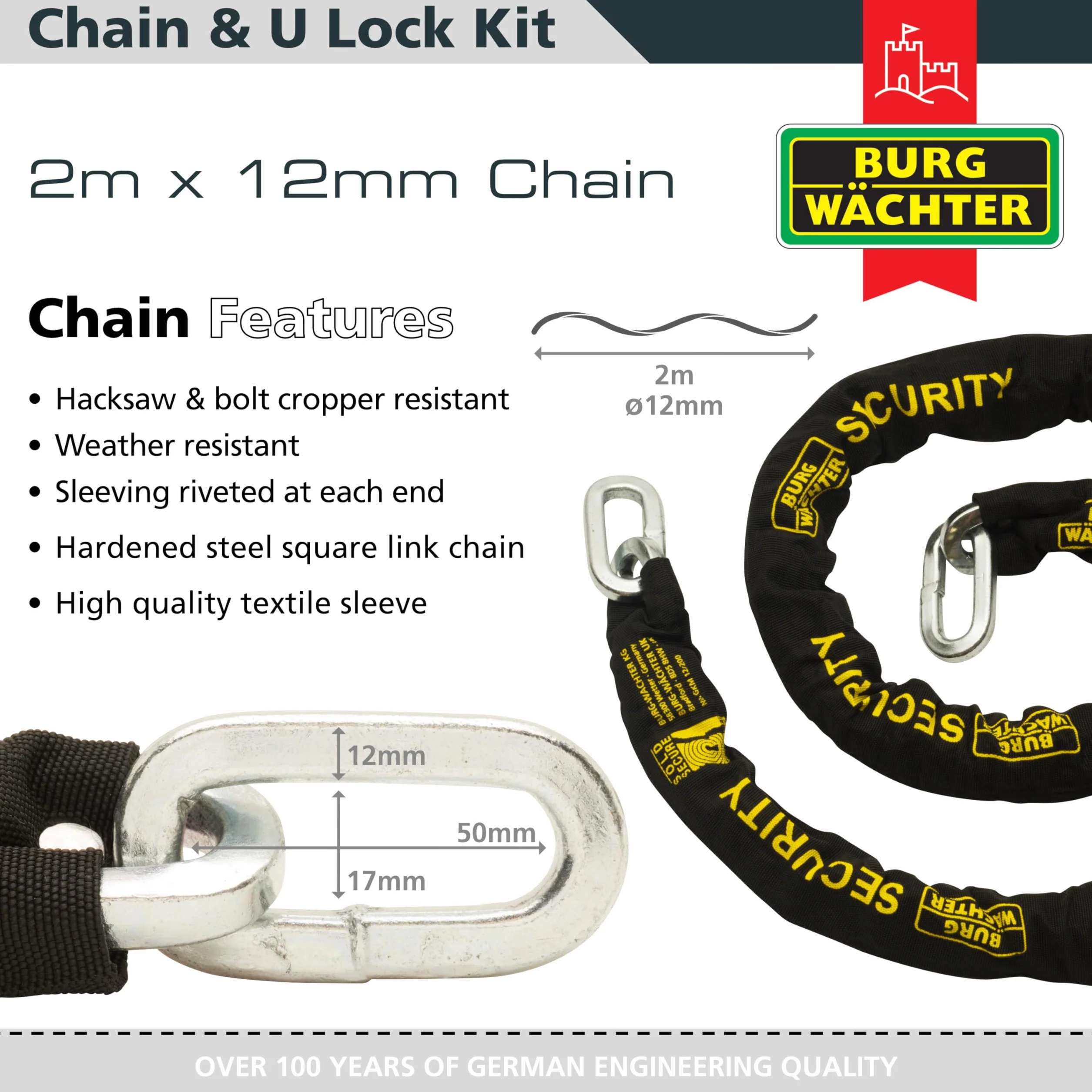 Burg-Wachter - Cadena de seguridad para bicicleta de 12 mm, color negro, 2 m