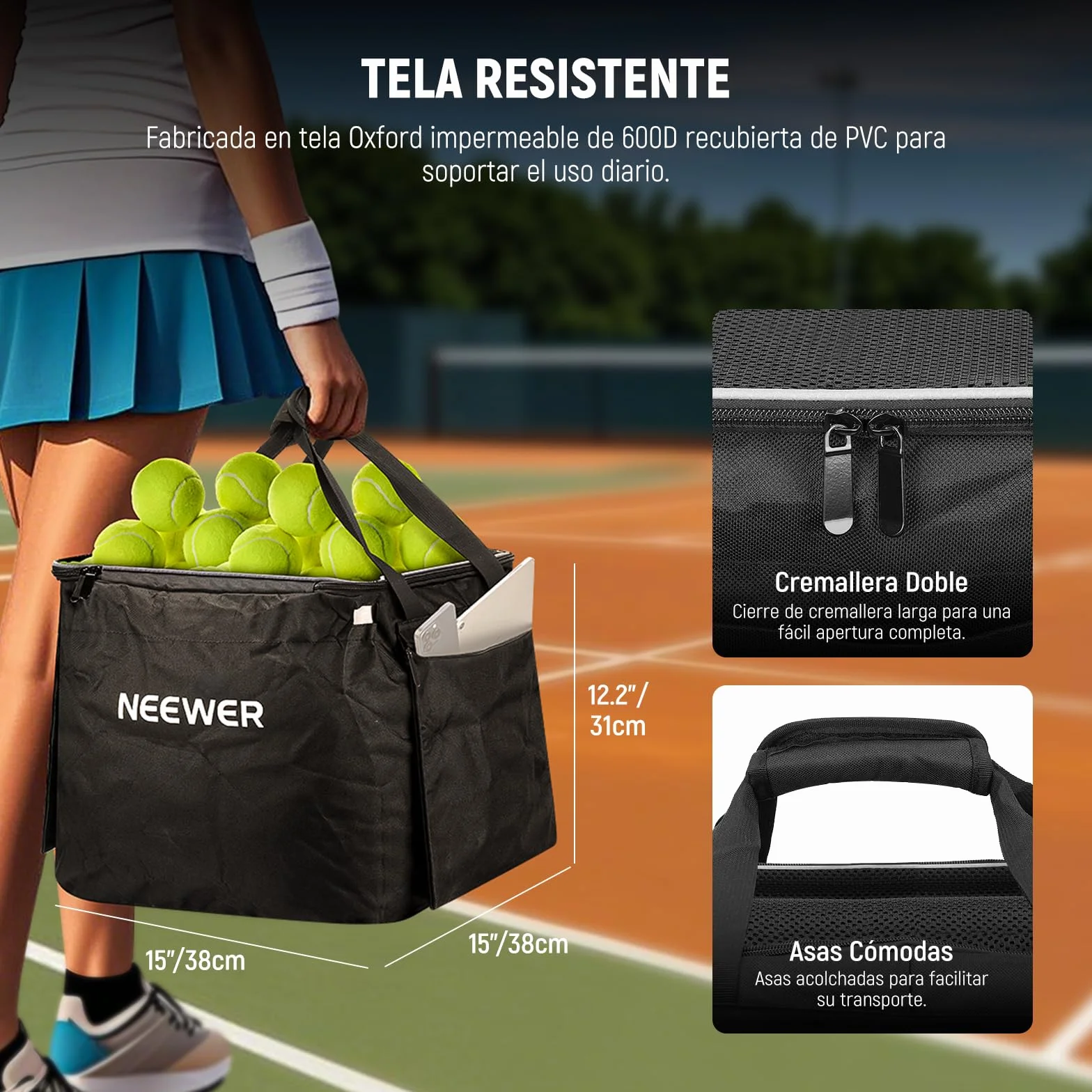 NEEWER Contenedor de Pickleball con Ruedas, Plegable Poliéster Picker Upper Hopper Carrying Basket Cart Holder con Bolsillo Lateral